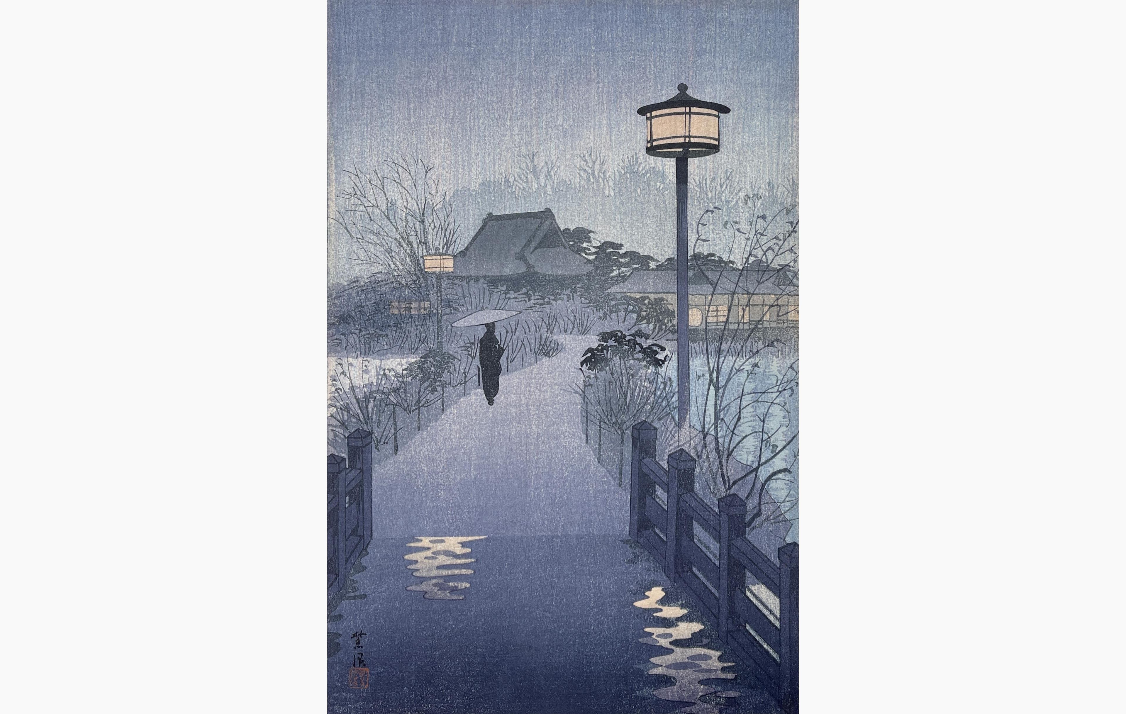 Original woodblock print - Kasamatsu Shiro - Night Rain at Shinobazu Pond