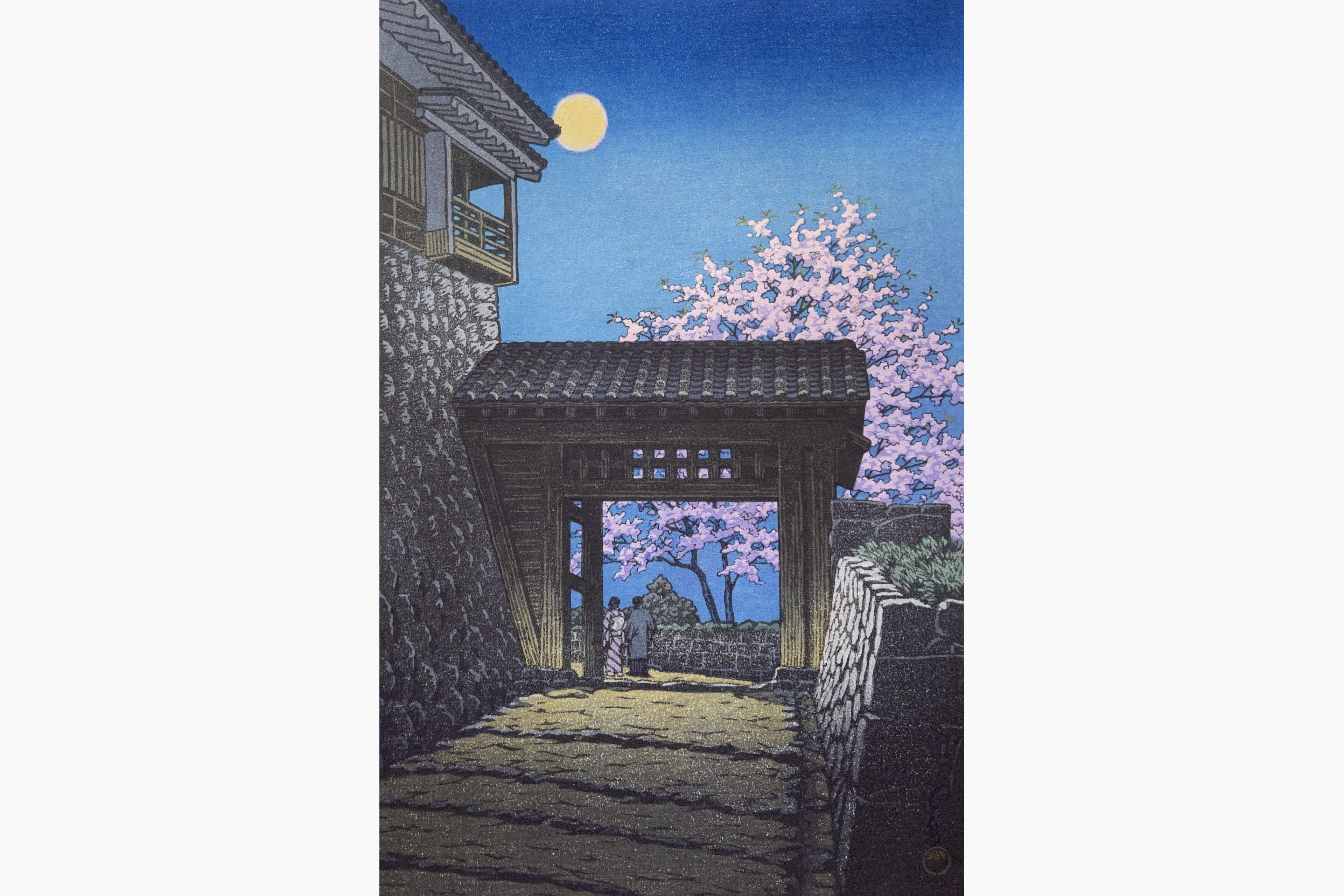 Original woodblock print - Kawase Hasui - Full Moon over Matsuyama Caste