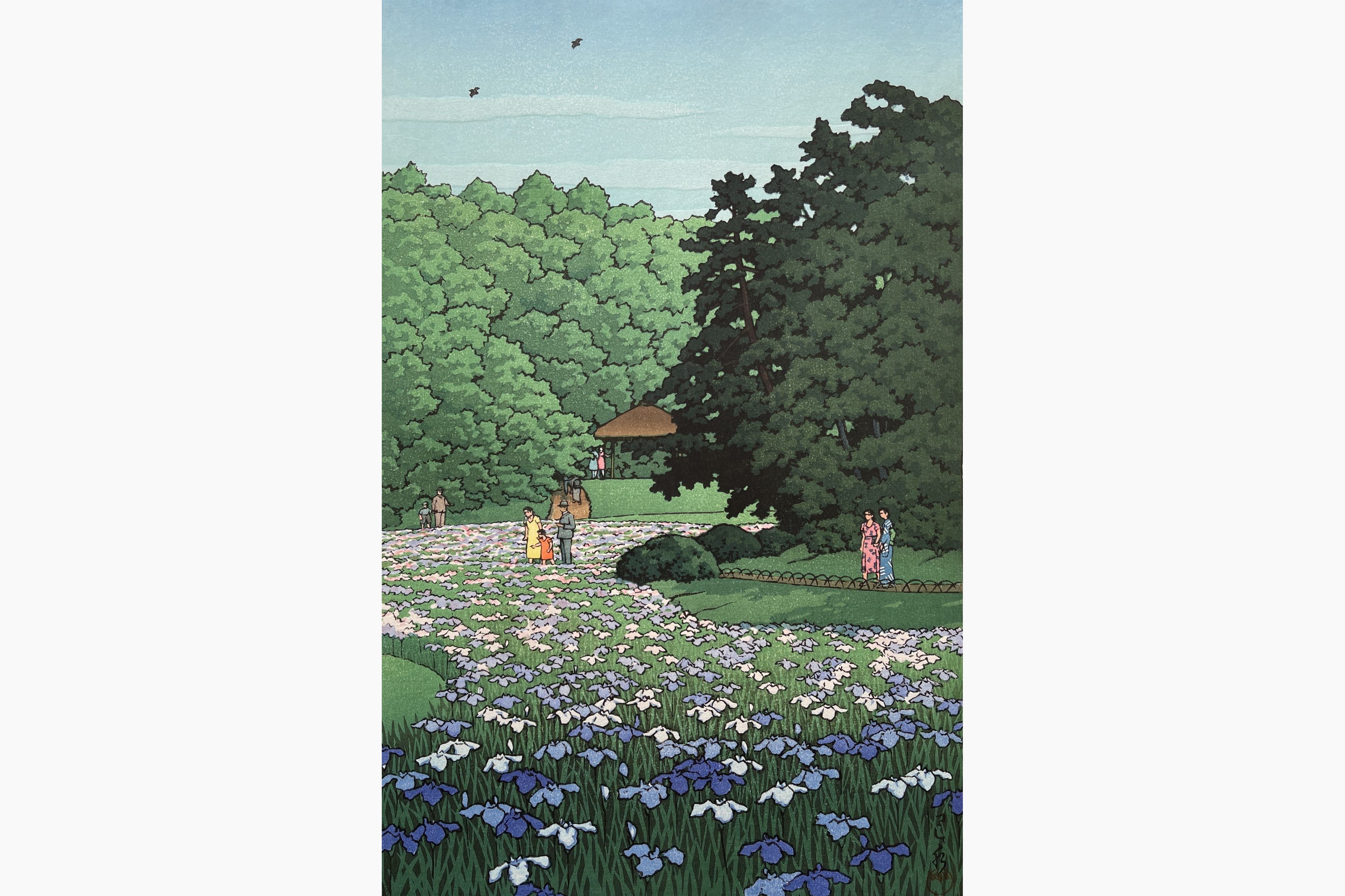 Original woodblock print - Kawase Hasui - Iris Garden, Meiji Shrine
