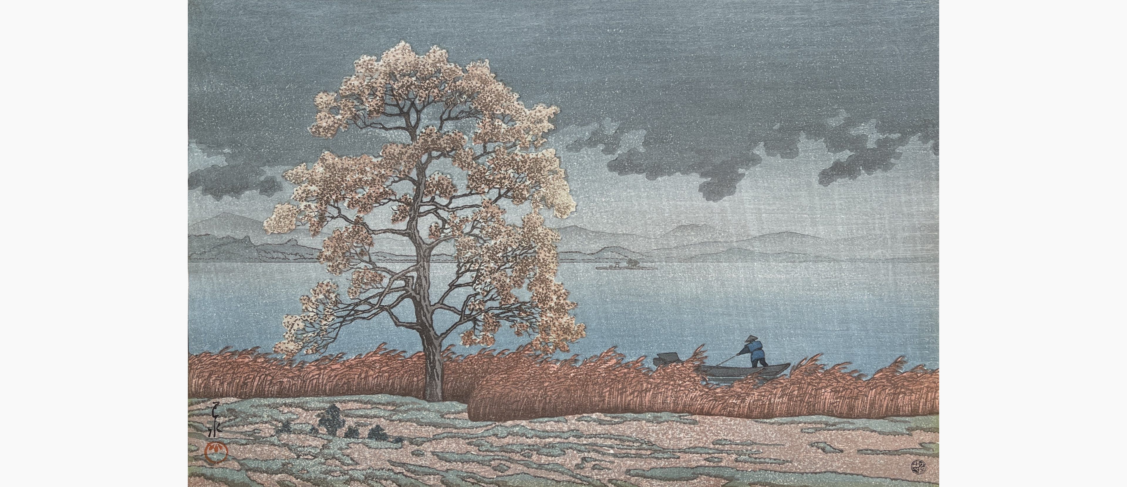 Original woodblock print - Kawase Hasui - Lakeside Shower at Matsue