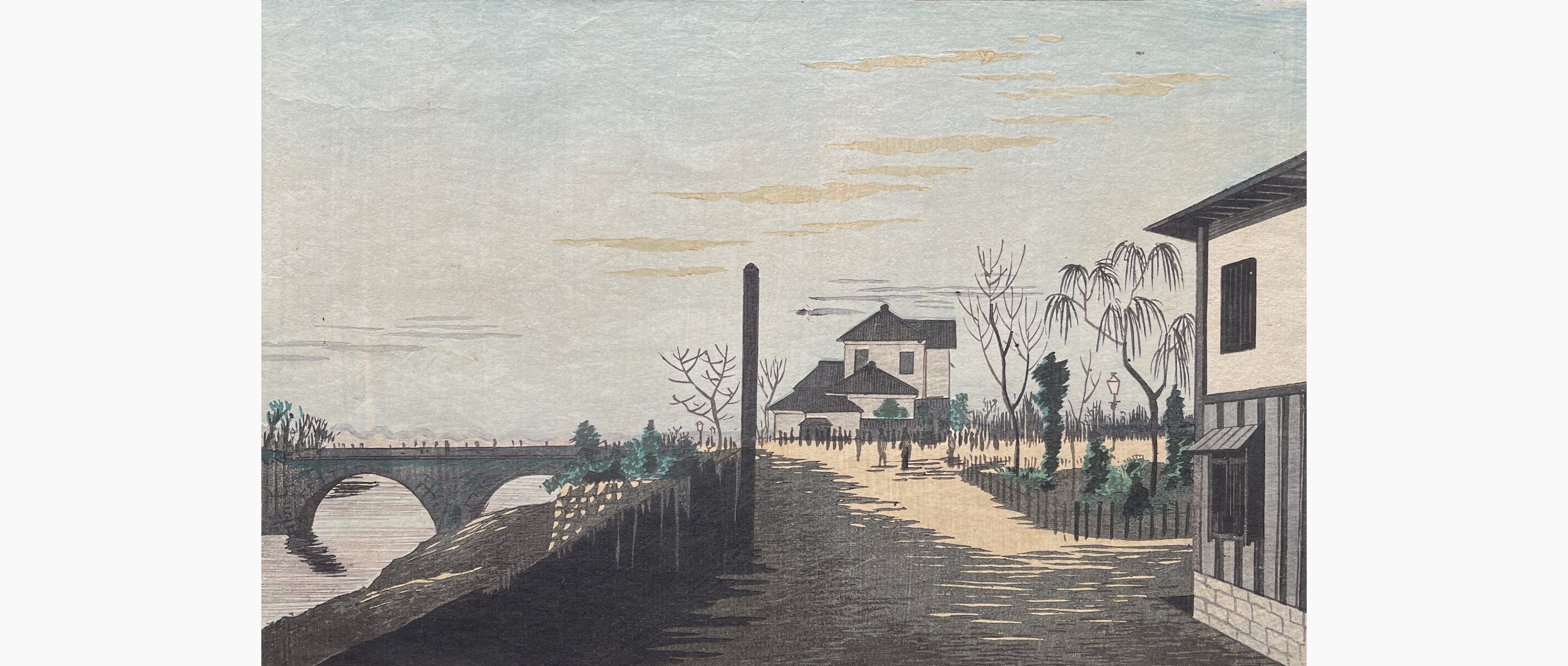 Original woodblock print - Kobayashi Kiyochika - Sunrise at Bandaibashi