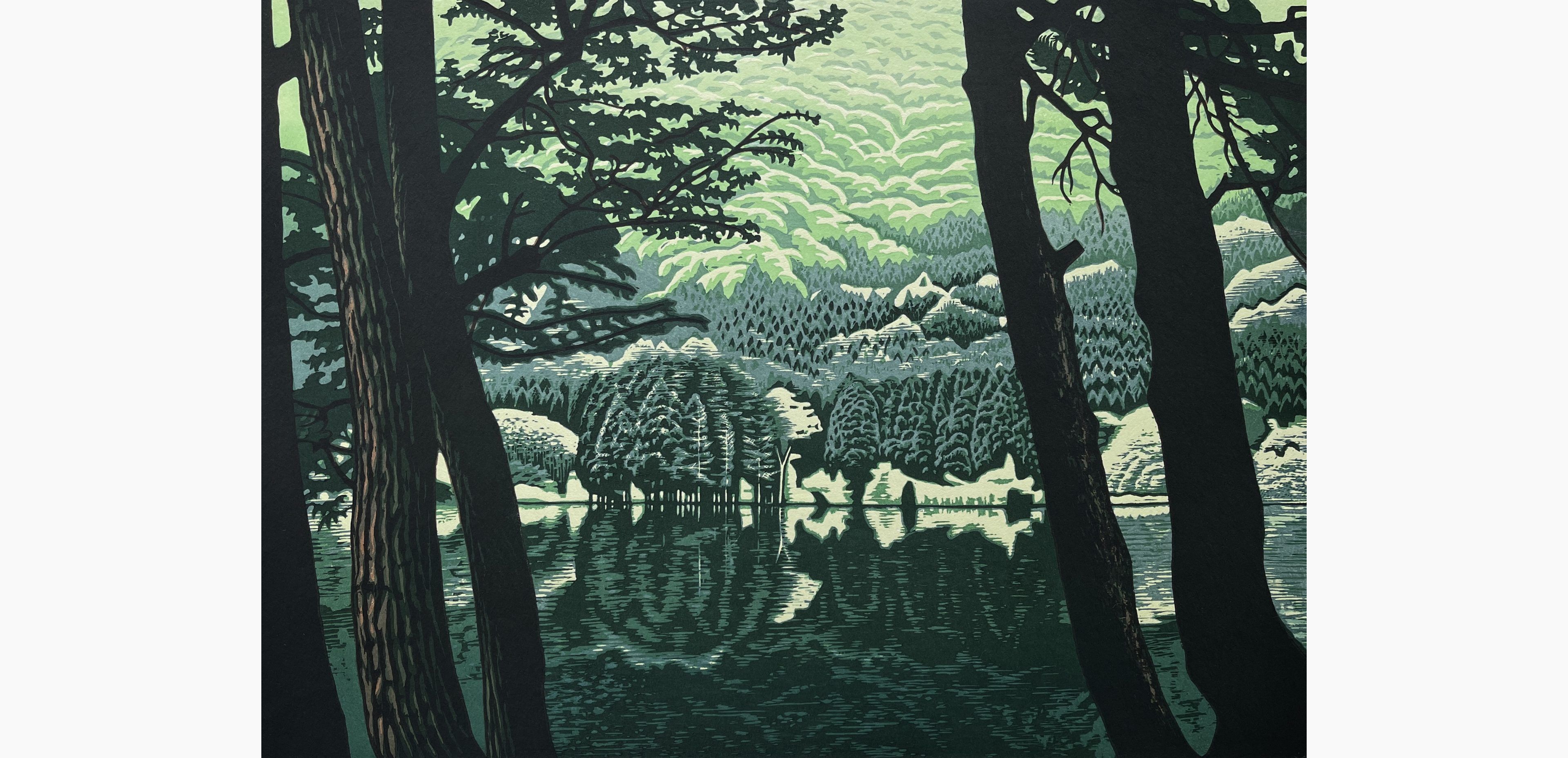 Original woodblock print - Koichi Maeda - Early Spring in Hokuryu Lake