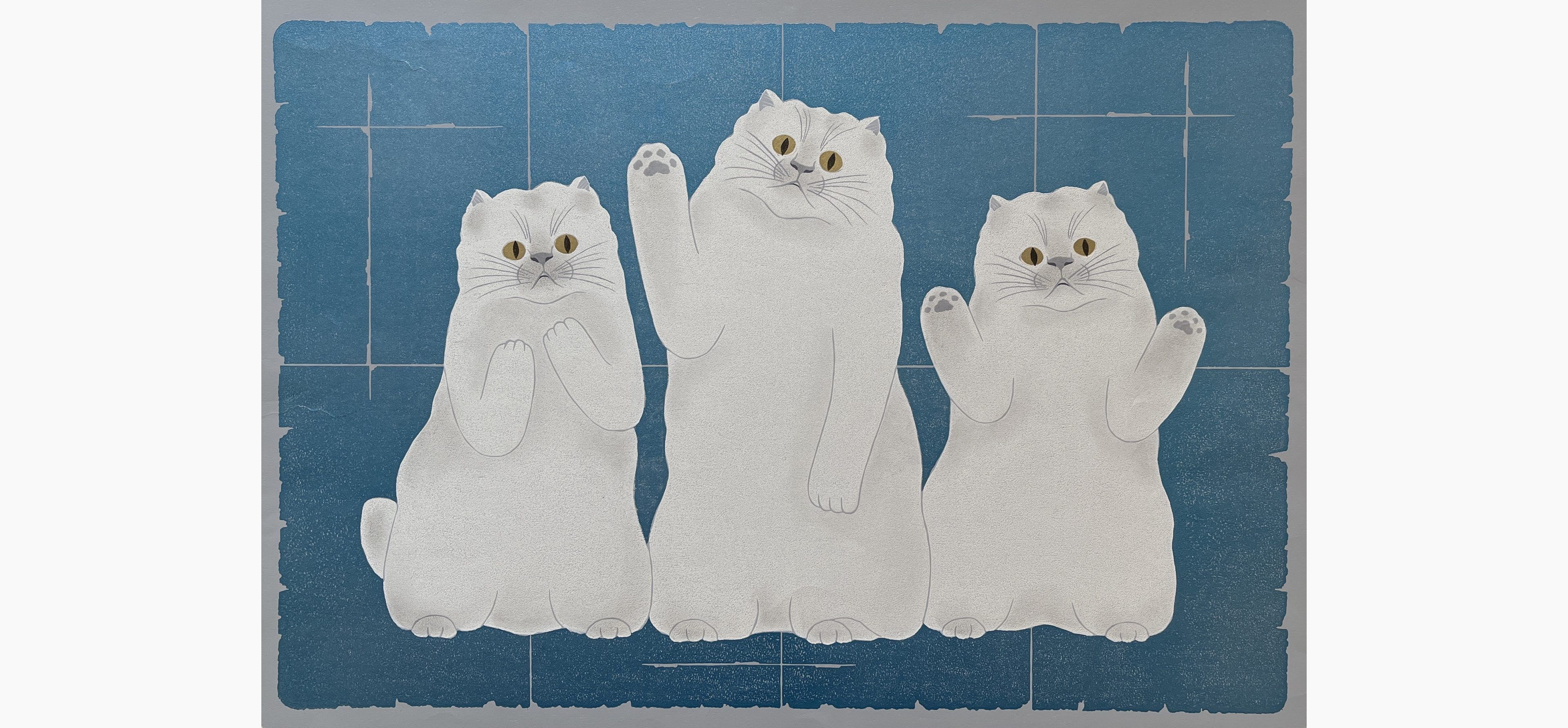 Original woodblock print - Nishida Tadashige - Parents and Children - White Cats