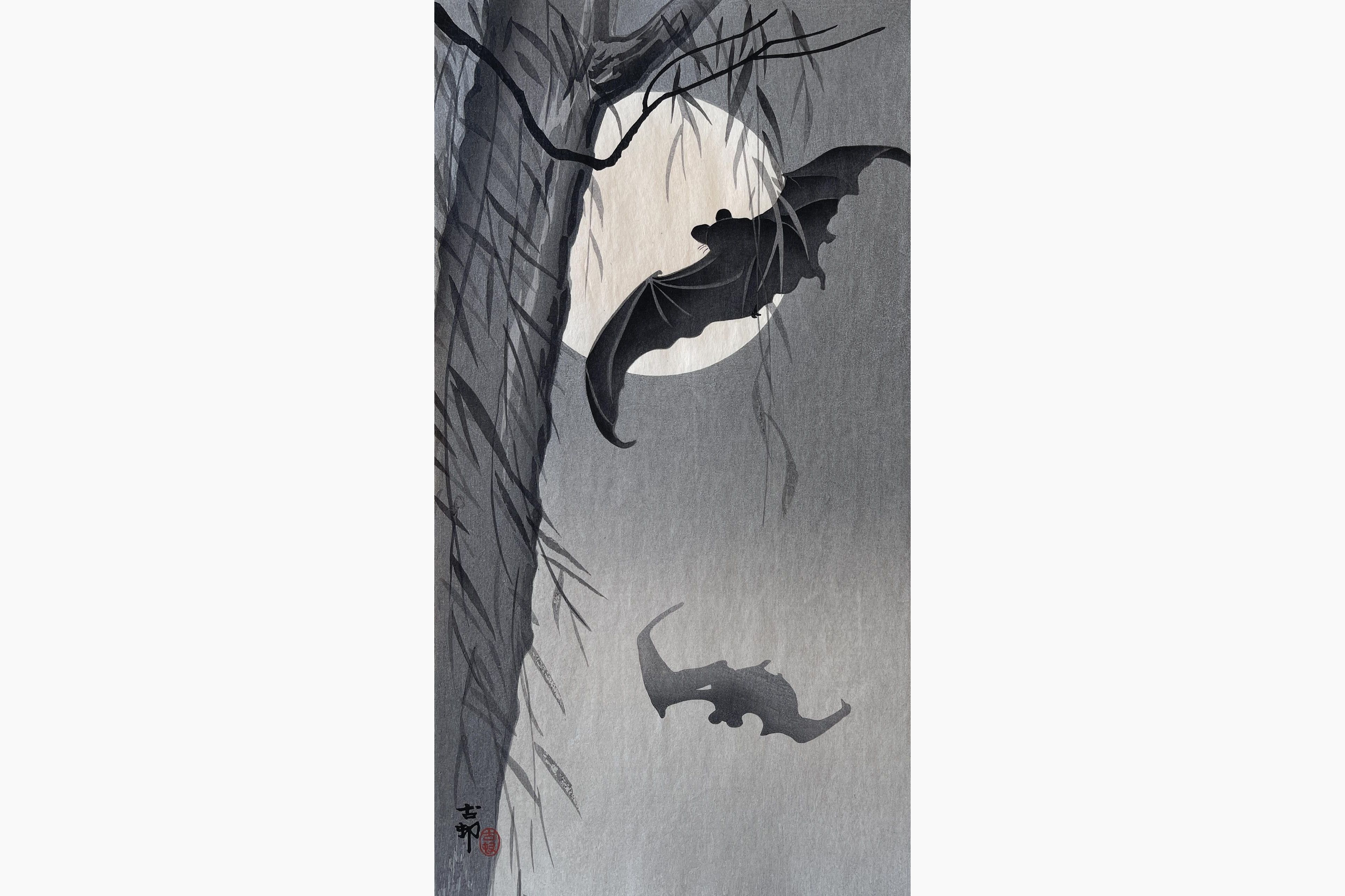 Original woodblock print - Ohara Koson - Bats against Full Moon