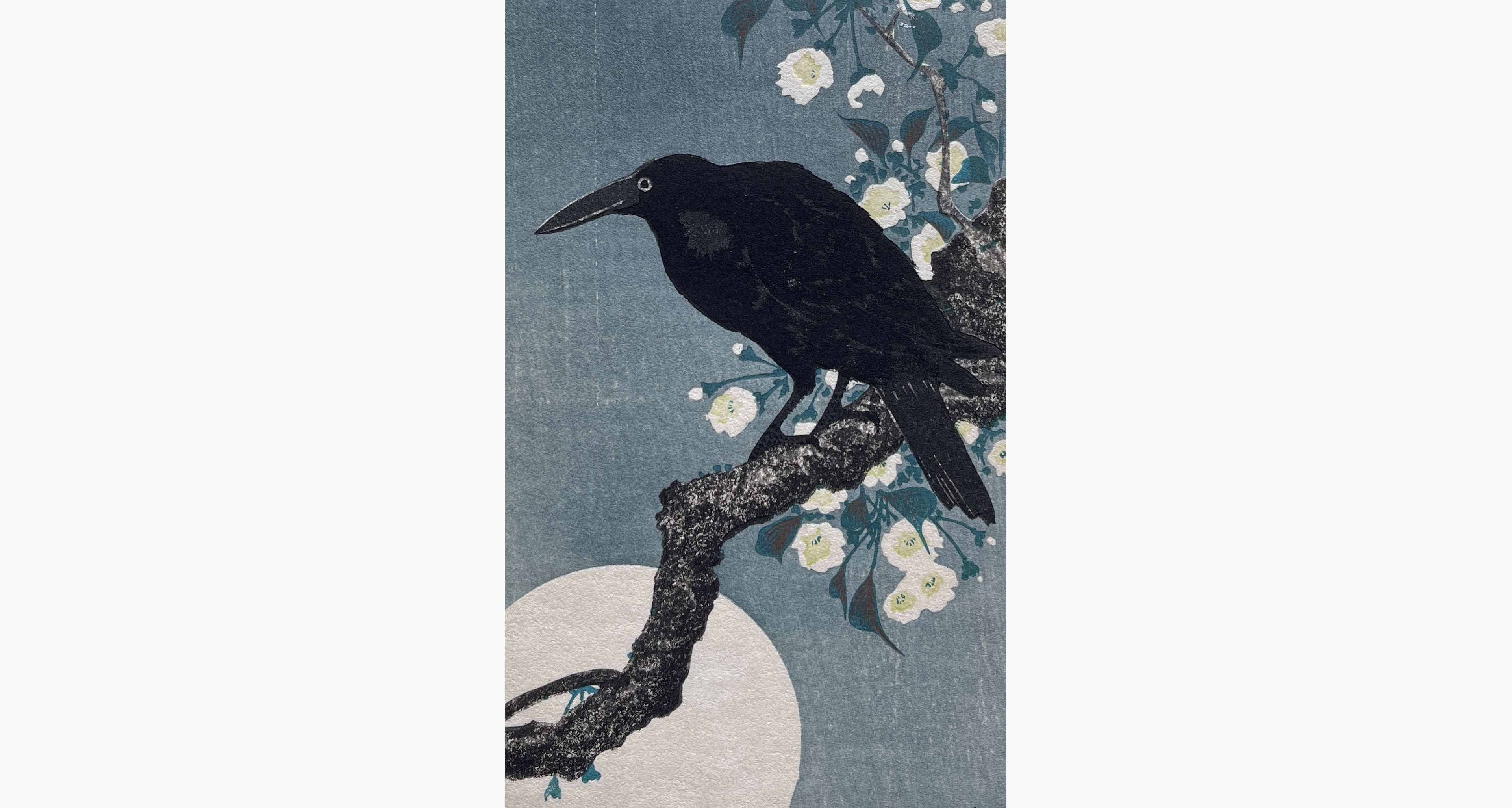 Original woodblock print - Ohara Koson - Crow on Cherry Branch with Moon