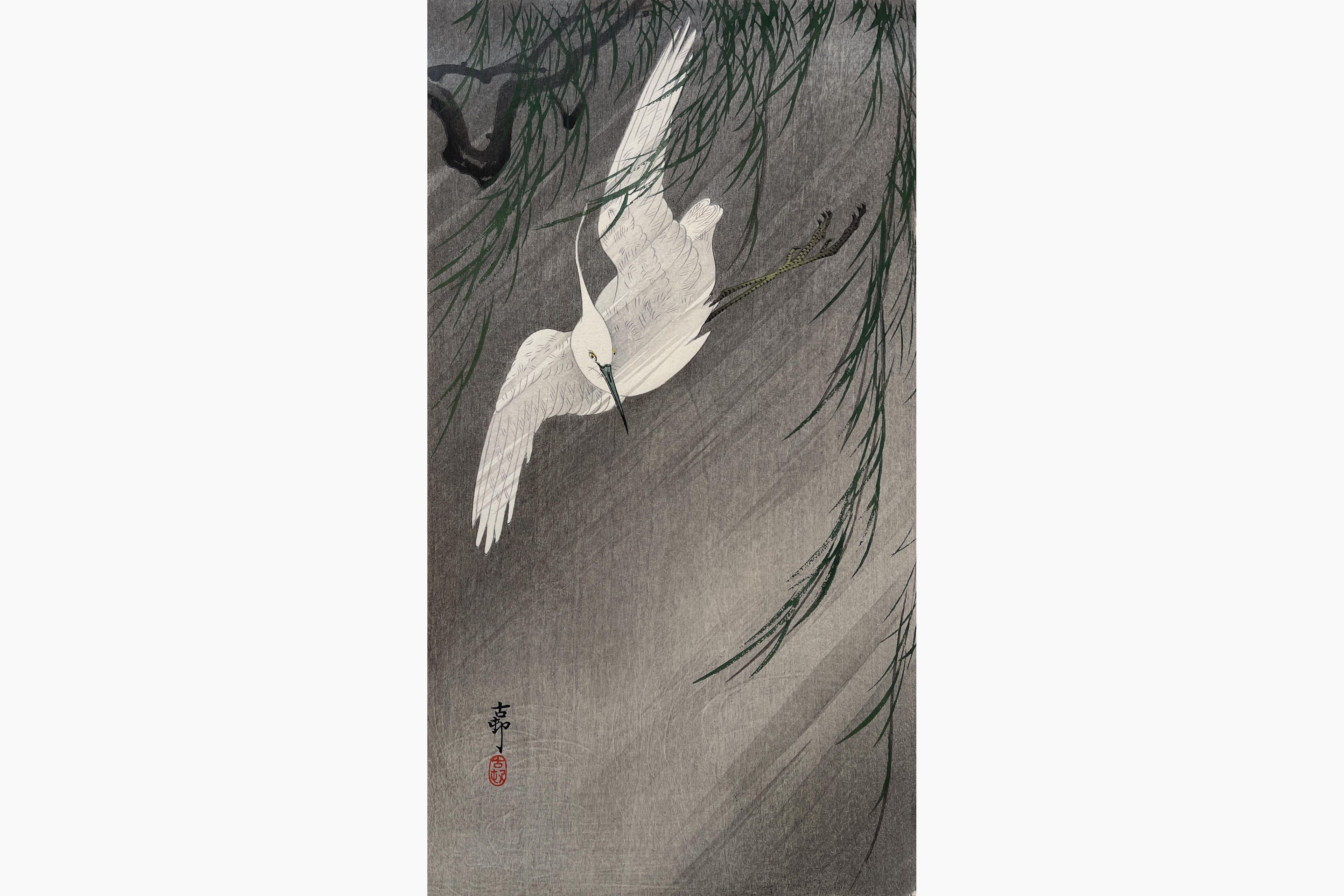 Original woodblock print - Ohara Koson - Egret in Storm