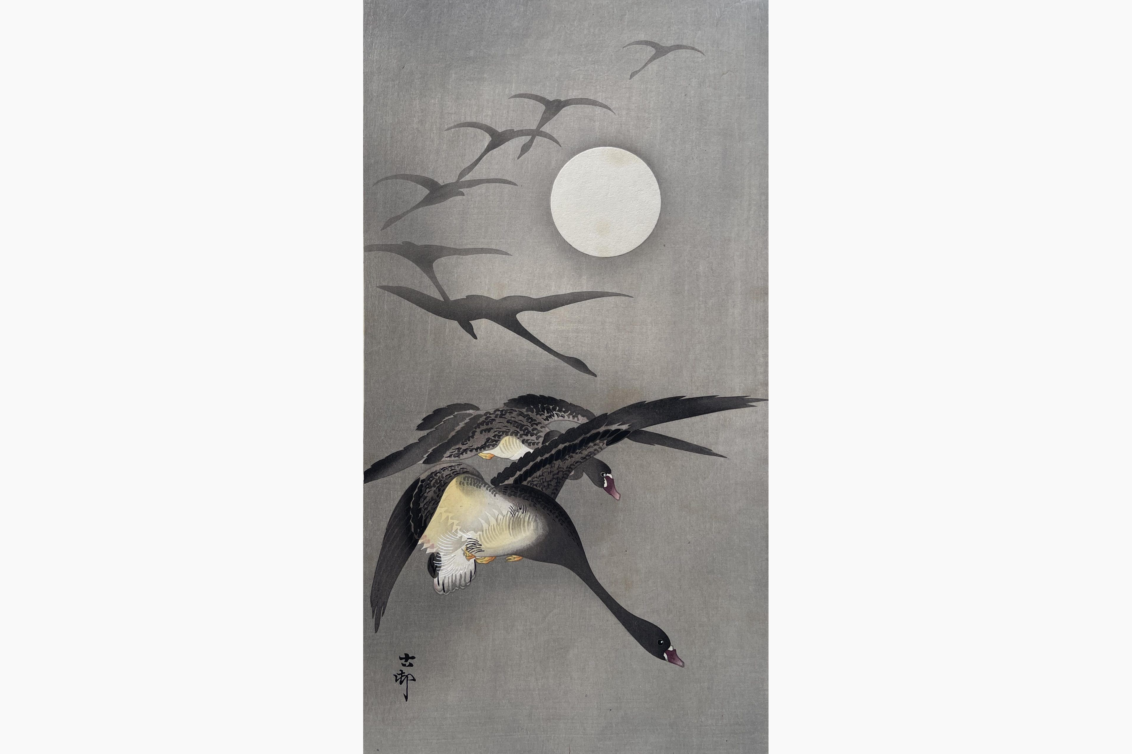 Original woodblock print - Ohara Koson - Eight White-Fronted Gees in Flight, a Full Moon Behind