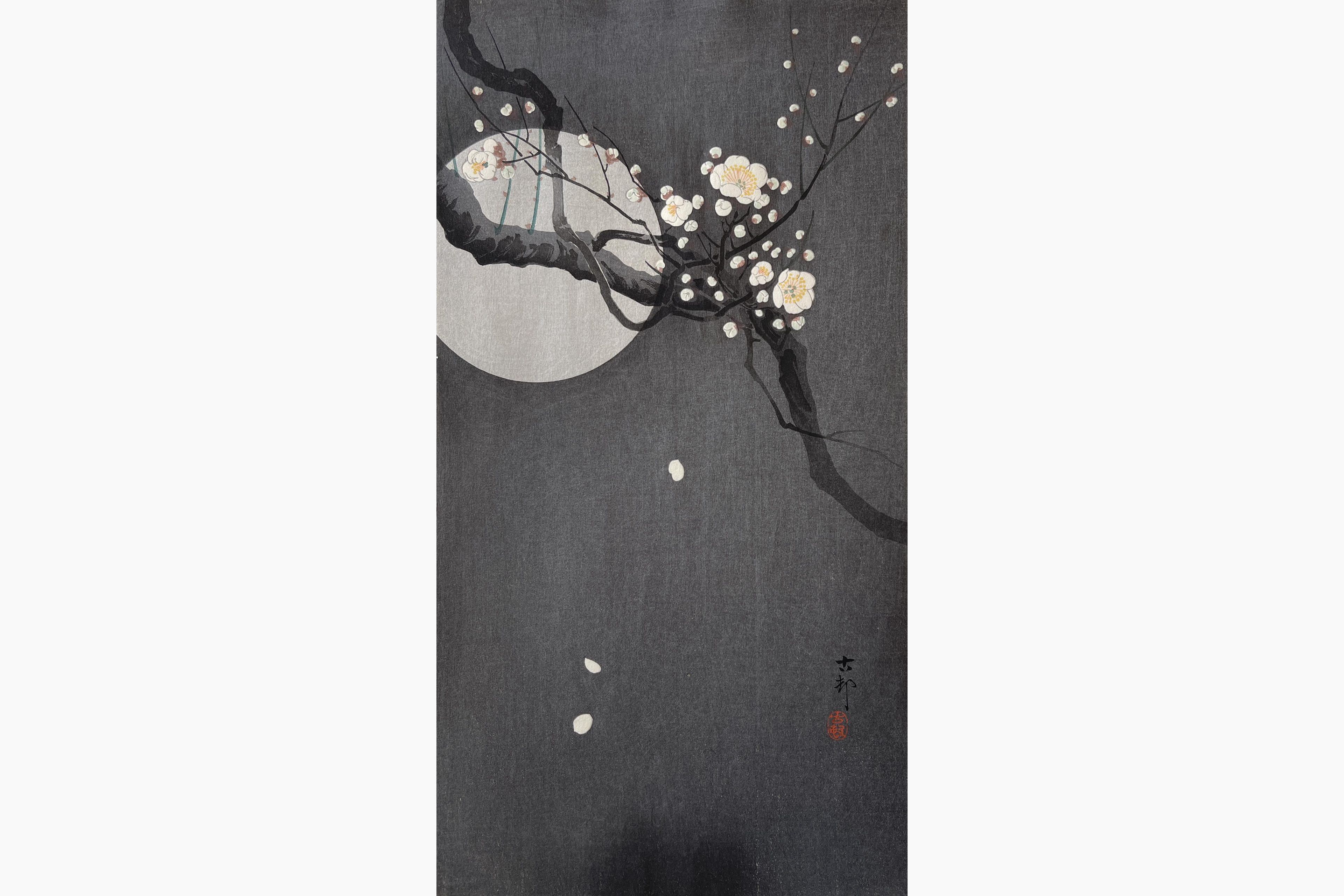 Original woodblock print - Ohara Koson - Flowering Plum and Moon
