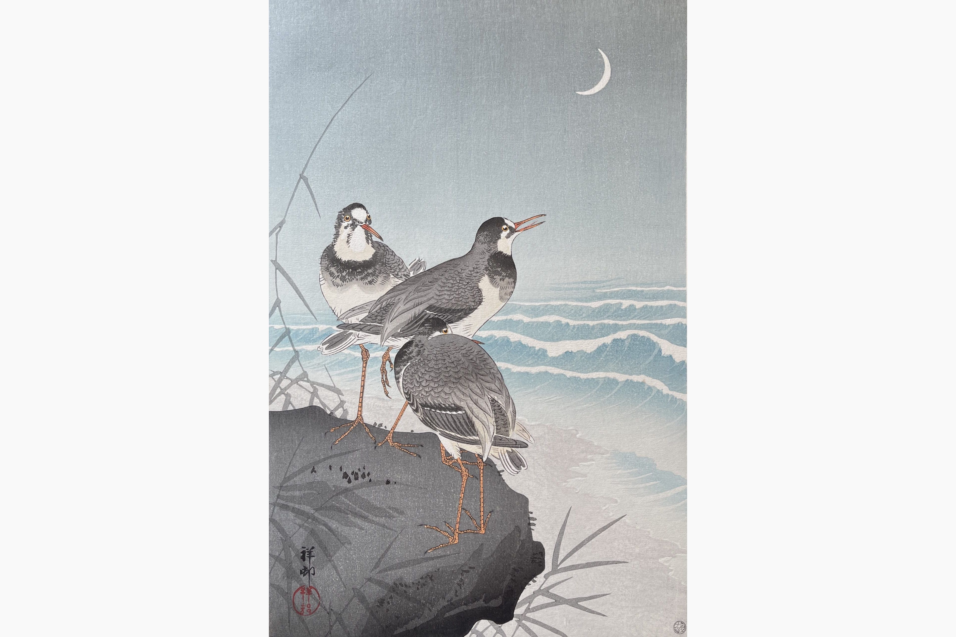 Original woodblock print - Ohara Koson - Thee Plovers on a Rock, the Seaside and a Crescent Moon behind.