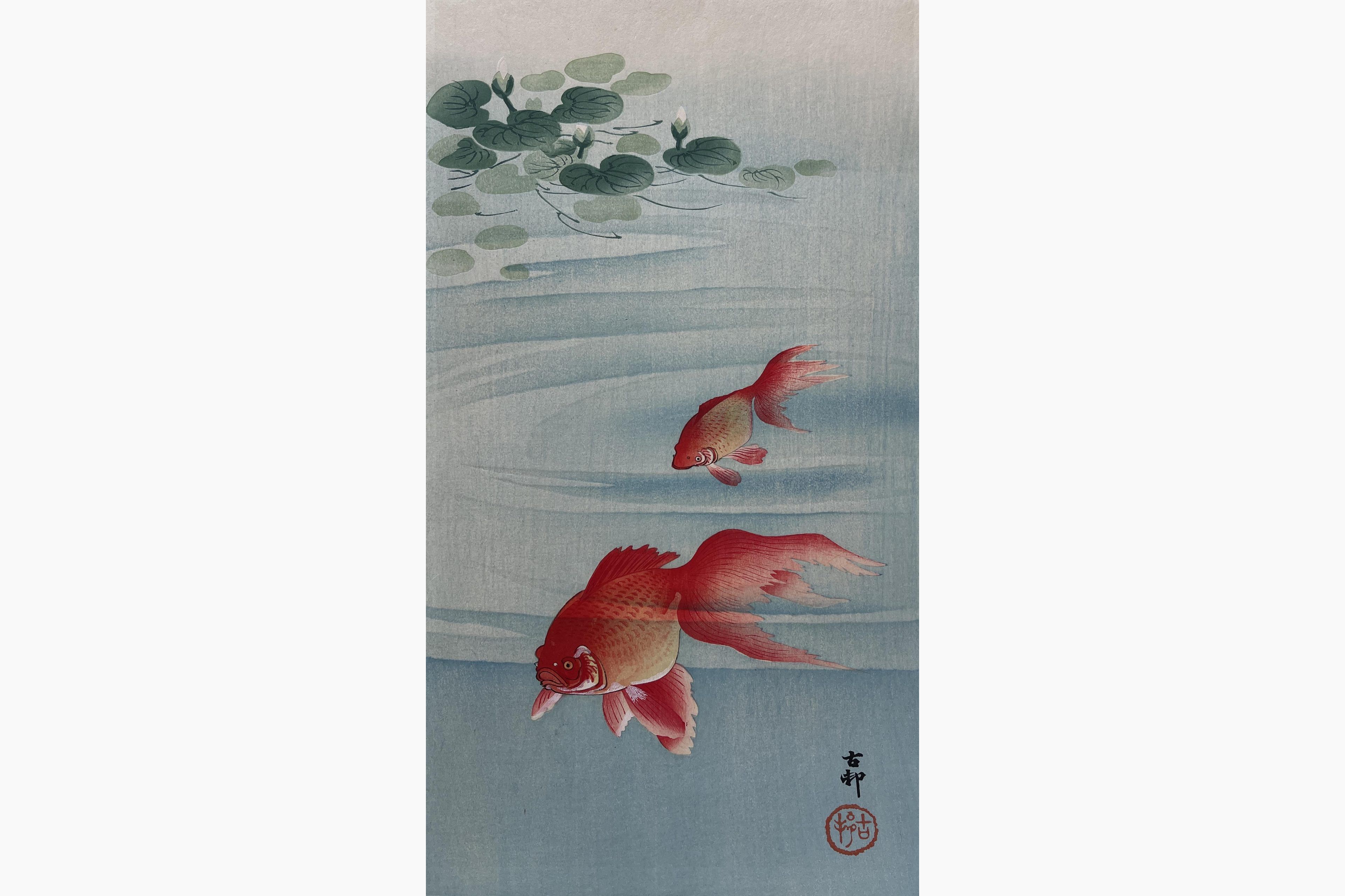 Original woodblock print - Ohara Koson - Two Goldfish and Lotus Plants