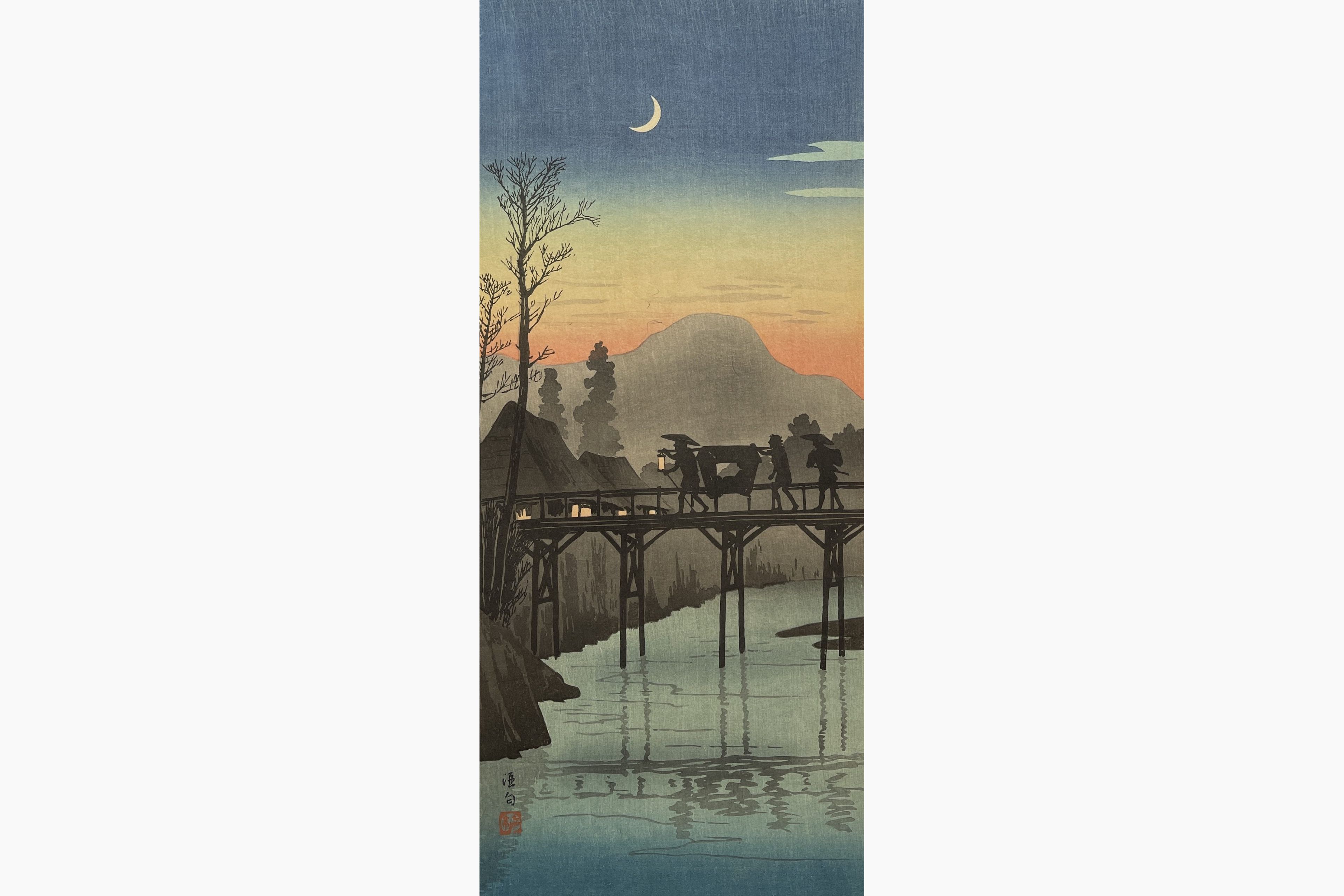 Original woodblock print - Takahashi Shotei - Evening Glow at Sakawa Bridge