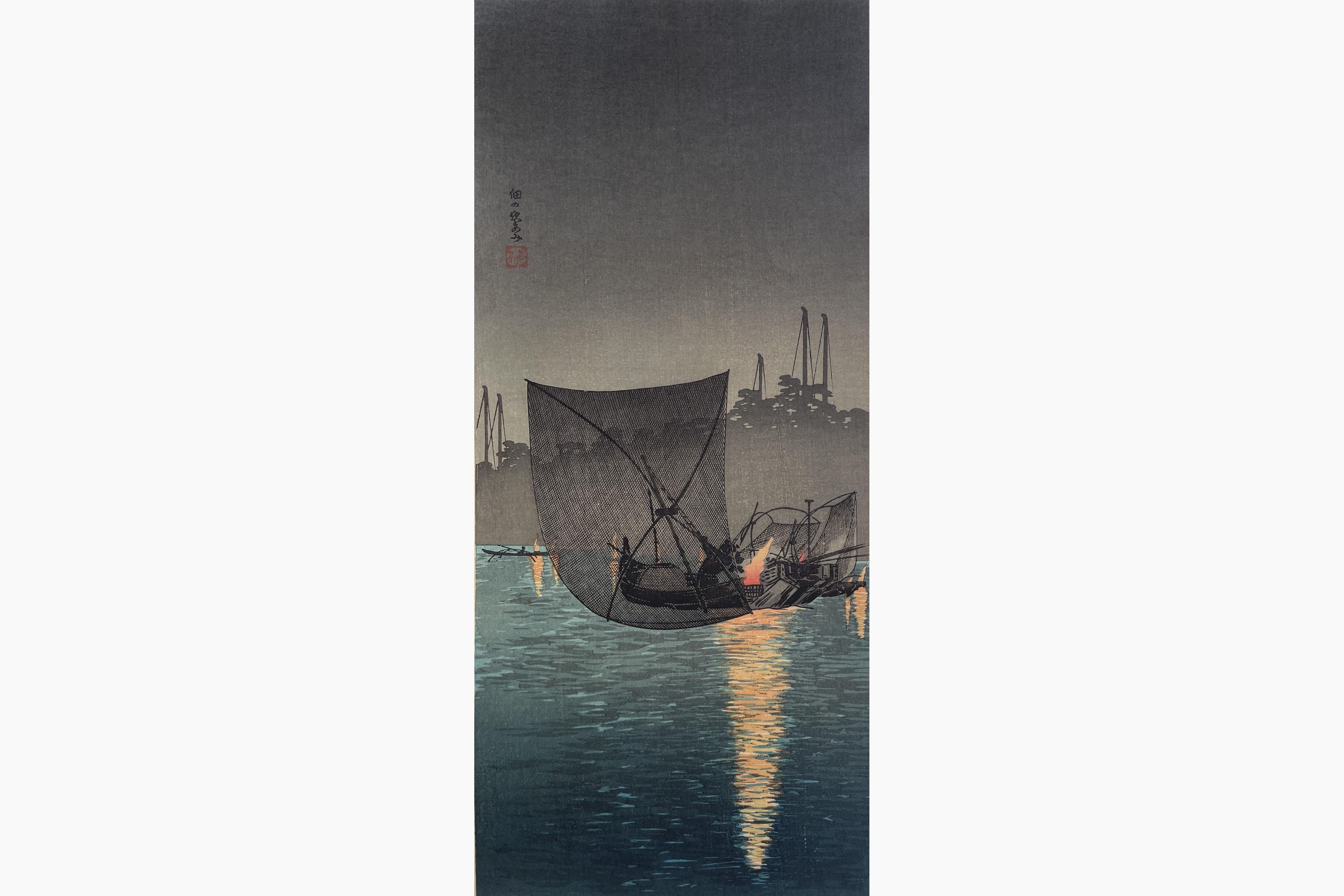 Original woodblock print - Takahashi Shotei - Night Fishing at Tsukuda