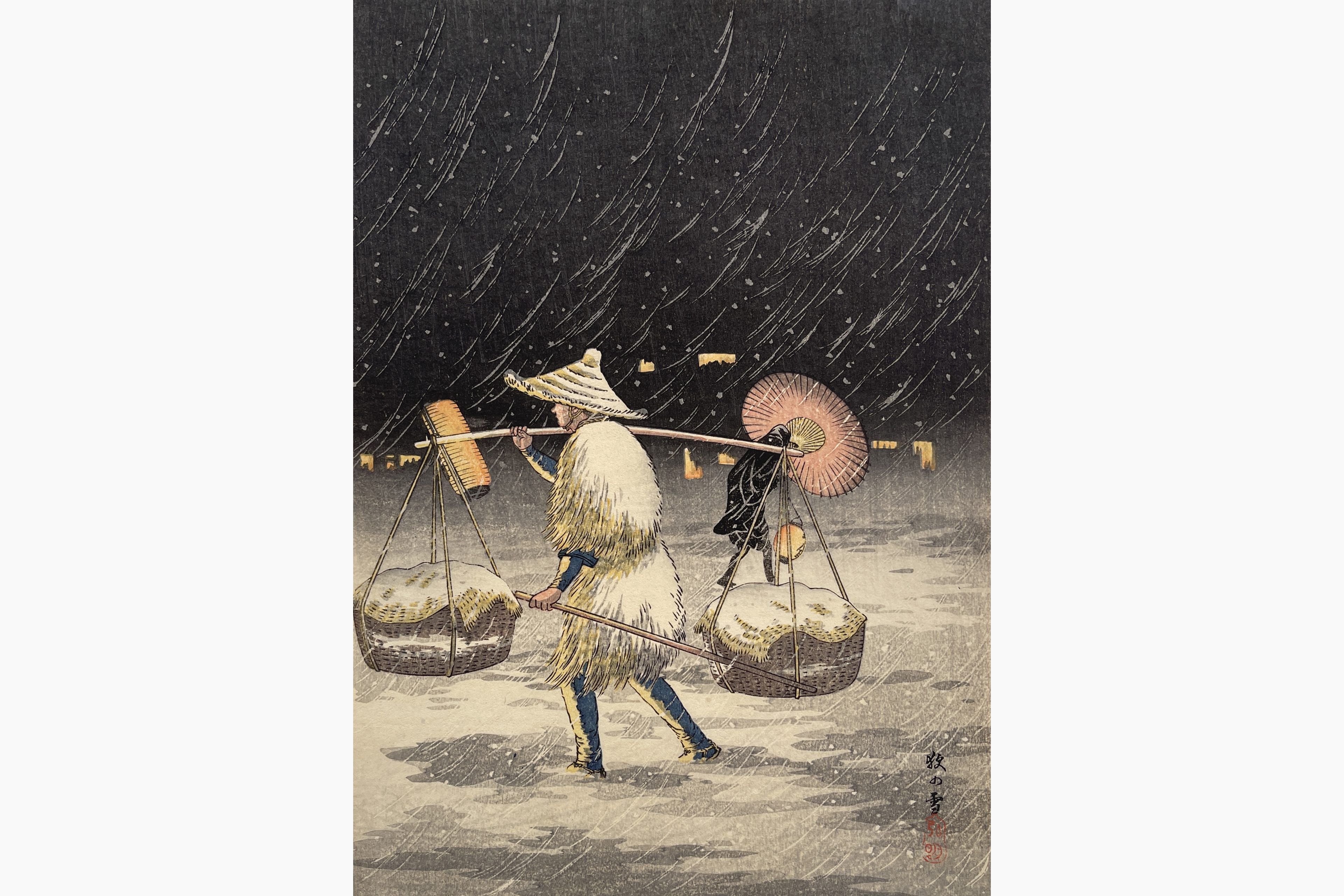 Original woodblock print - Takahashi Shotei - Peddler in the Snowy Night