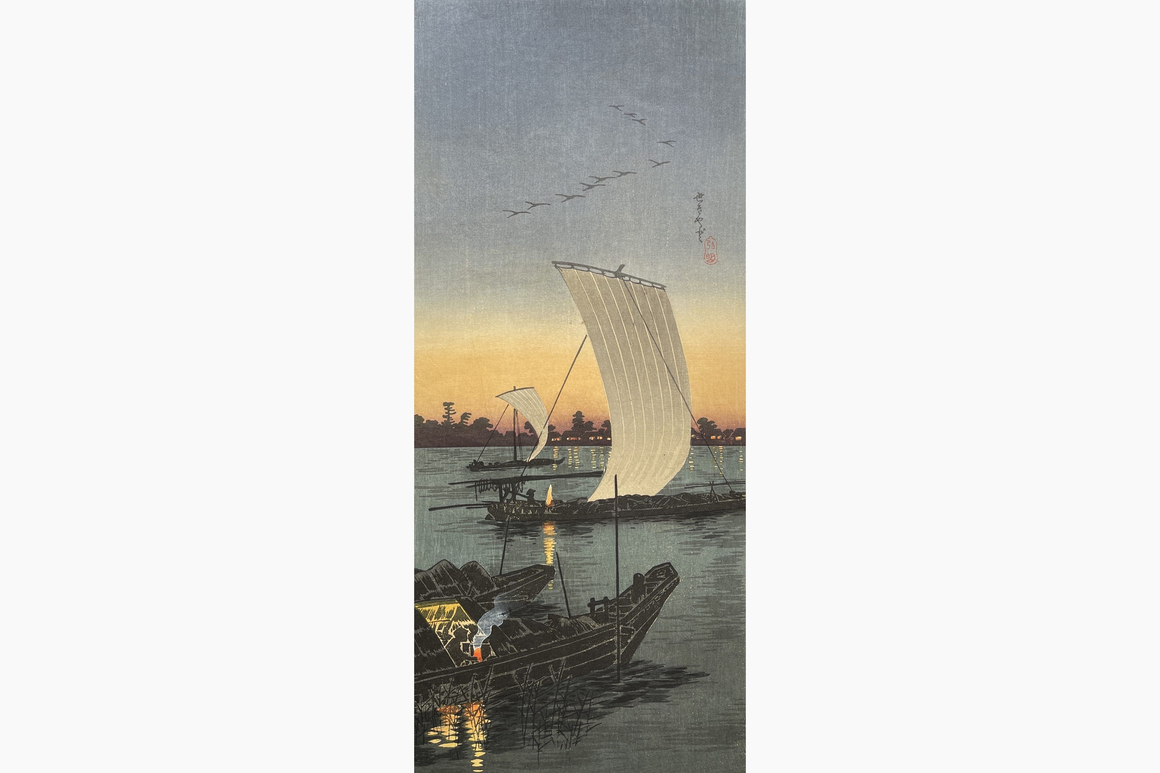 Original woodblock print - Takahashi Shotei - Sailboats in Sunset at Sekiyado