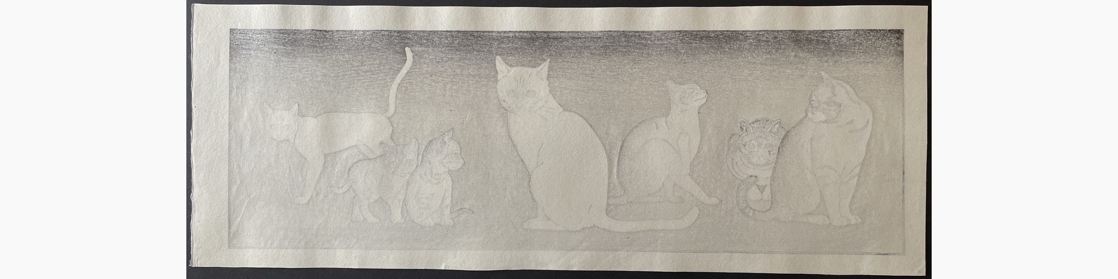 Japanese print - Tsukasa Yoshida - Seven Cats (monochrome)