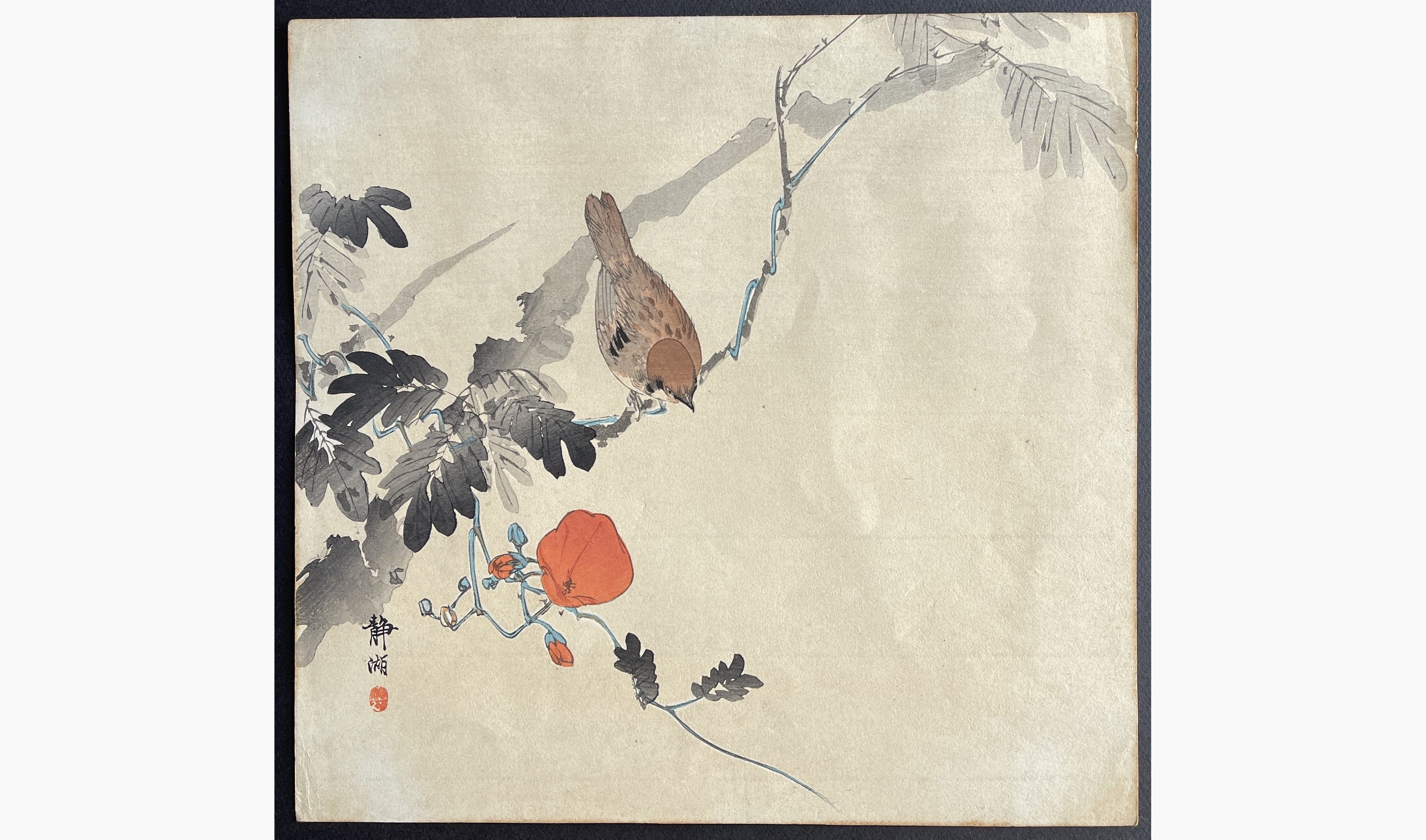 Japanese woodblock print - Okuhara Seiko - Sparrow and Poppy