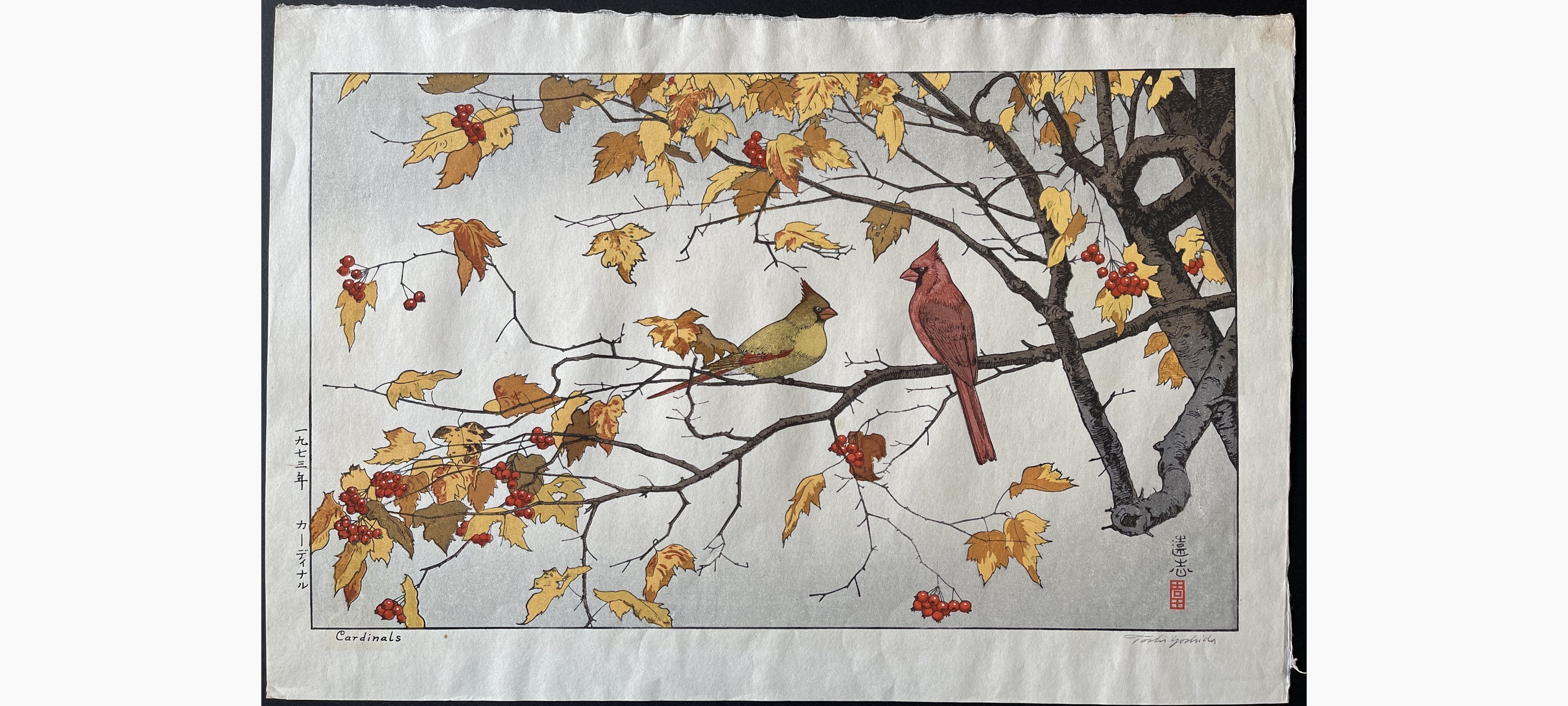Japanese woodblock print - Toshi Yoshida - Cardinals