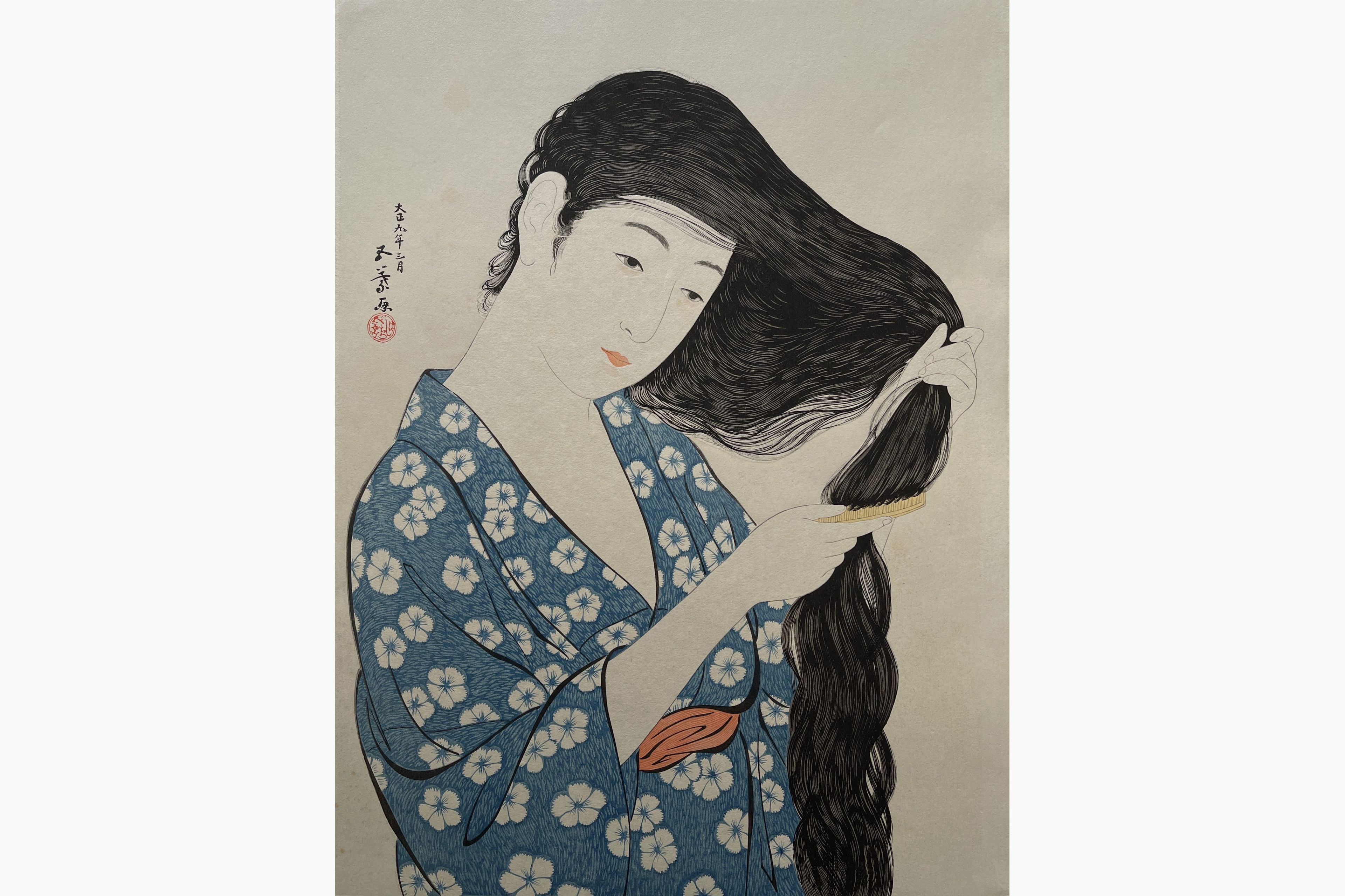 Original woodblock print - Goyo Hashiguchi - Combing the Hair