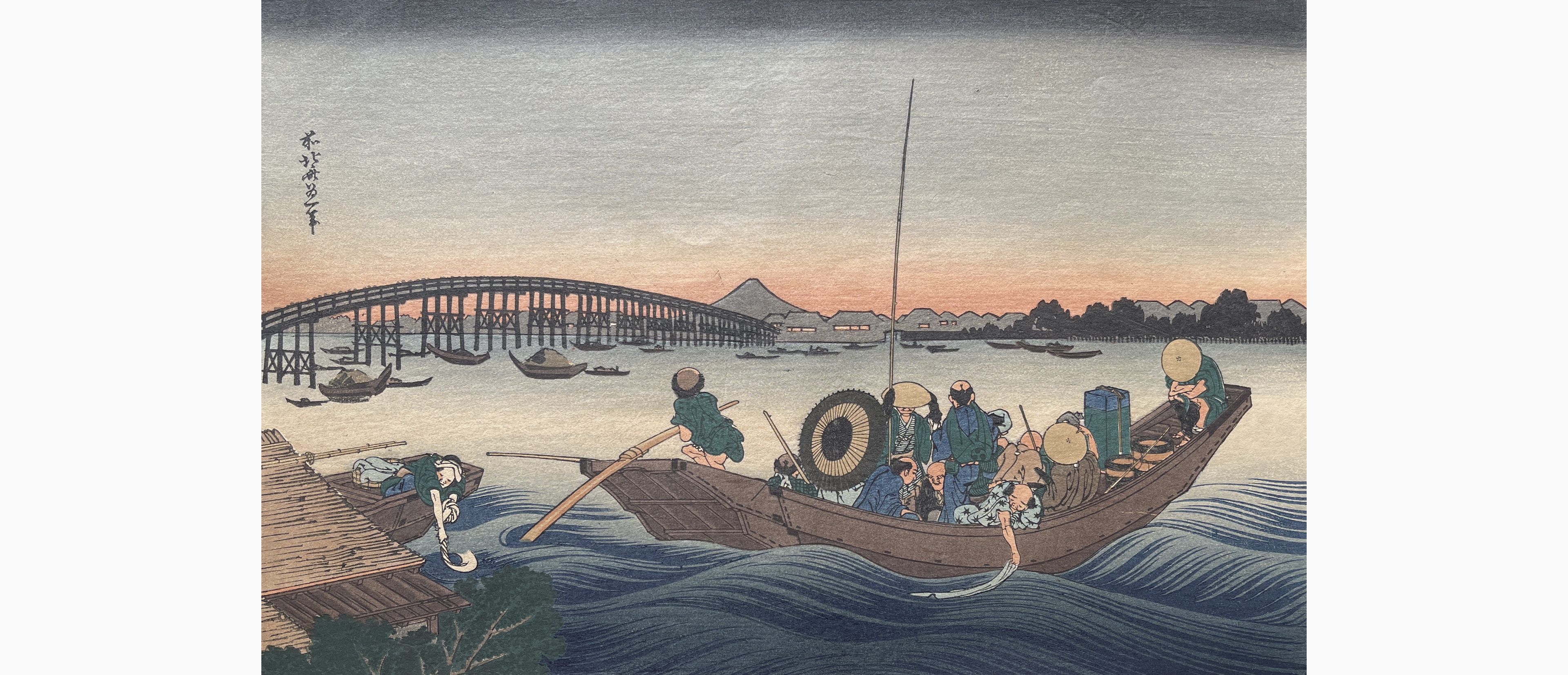 Original woodblock print - Katsushika Hokusai - Viewing the Sunset over Ryogoku Bridge from the Onmaya Embankment