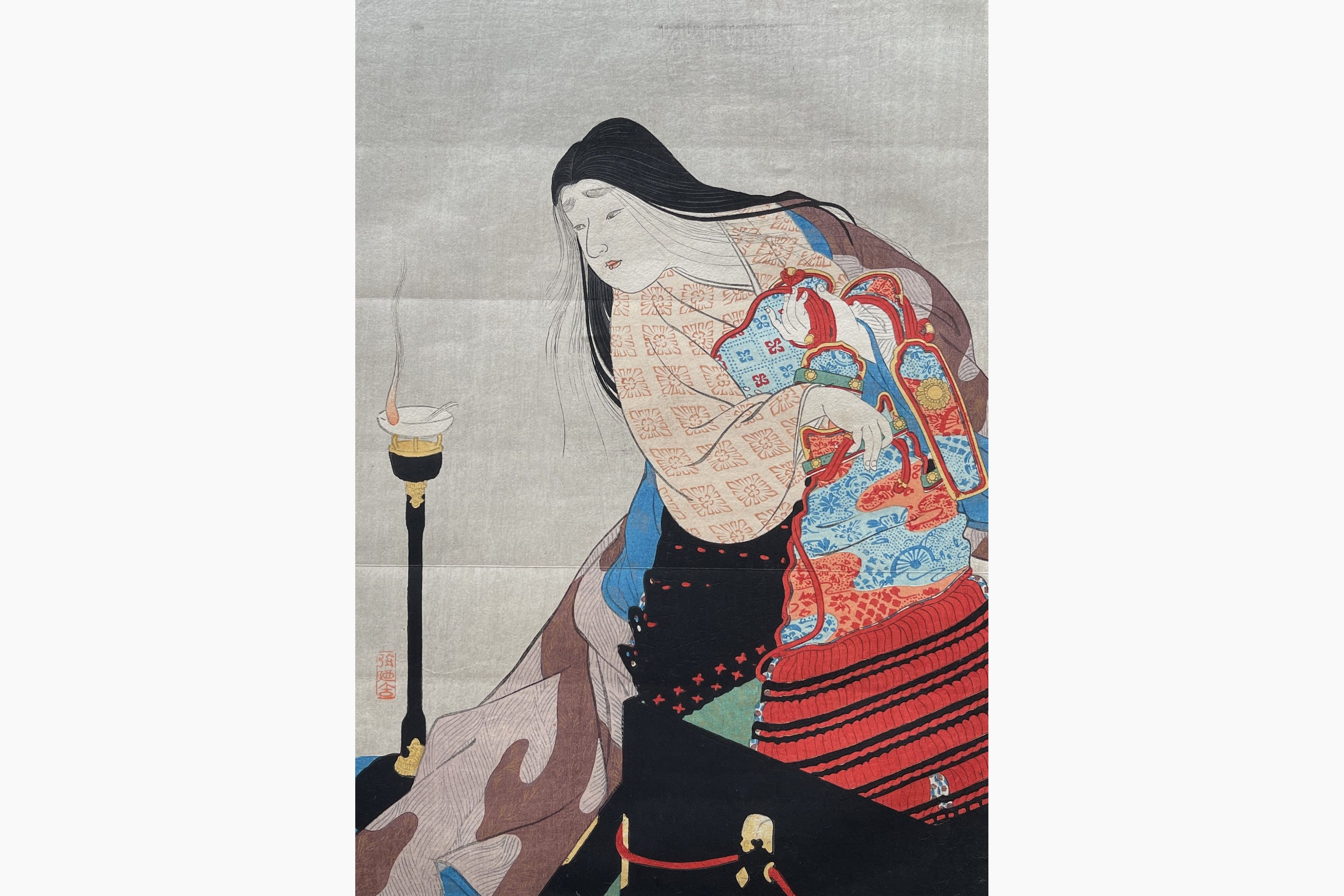 Original woodblock print - Kobori Tomoto - Heian Era Beauty with Armor