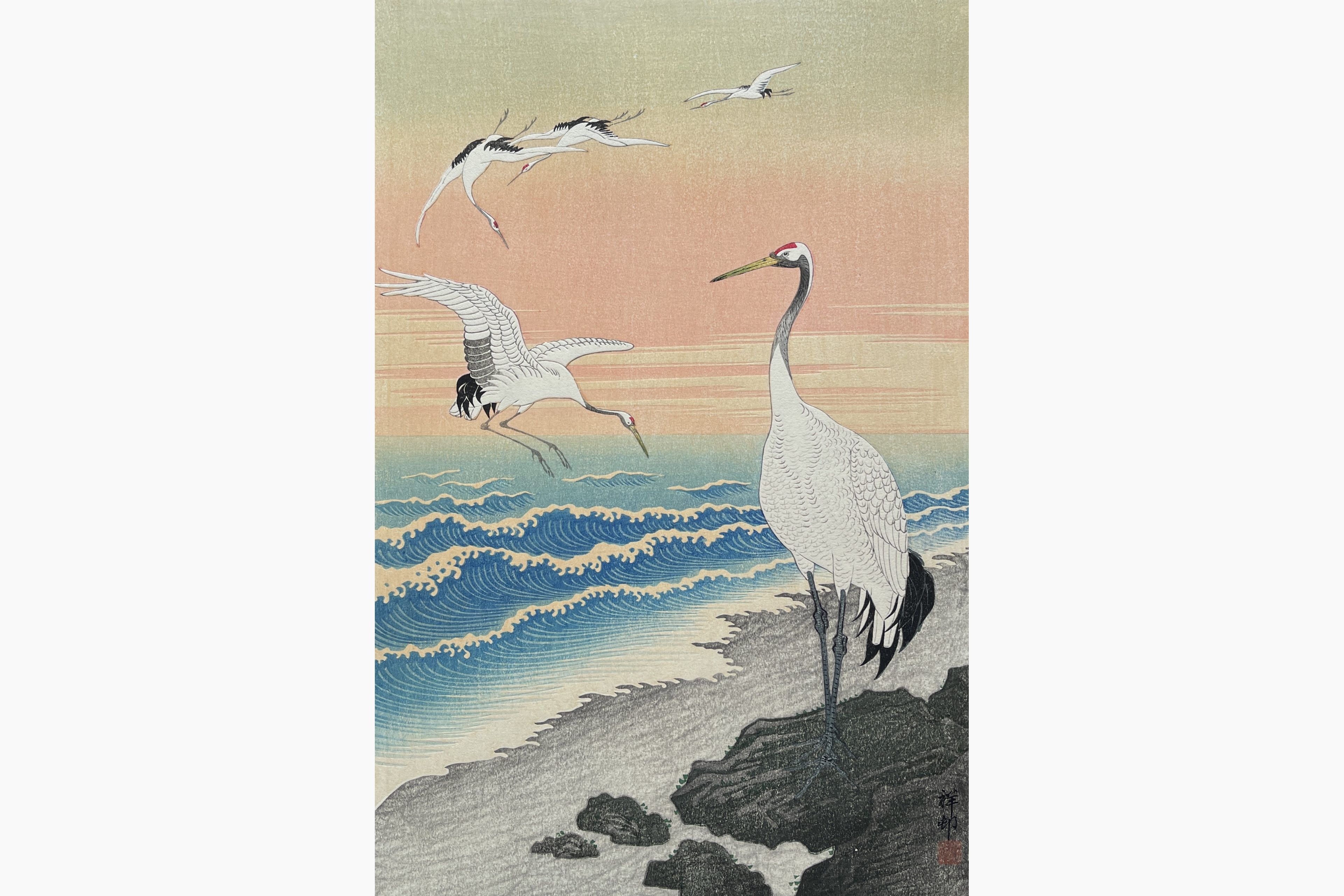 Original woodblock print - Ohara Koson - Cranes on Seashore