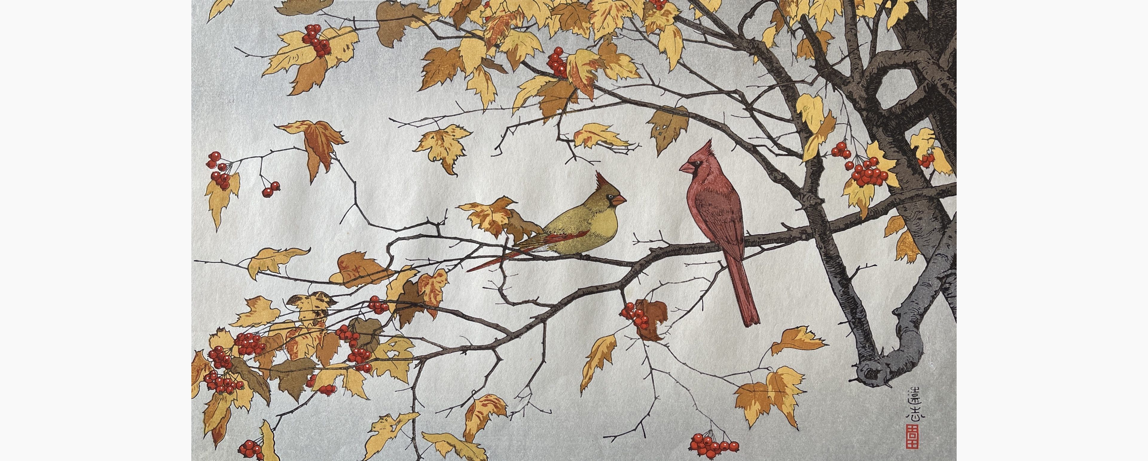 Original woodblock print - Toshi Yoshida - Cardinals