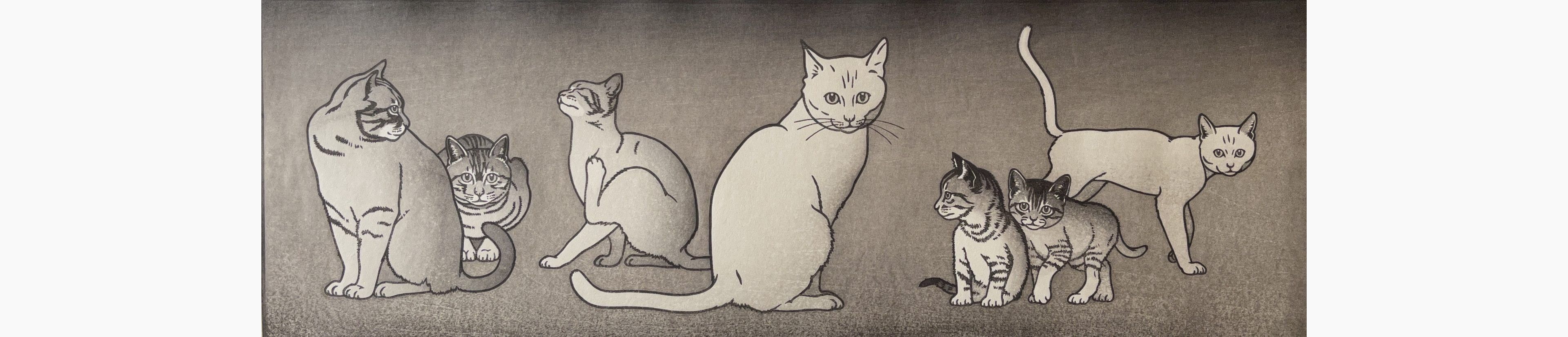 Original woodblock print - Tsukasa Yoshida - Seven Cats (monochrome)
