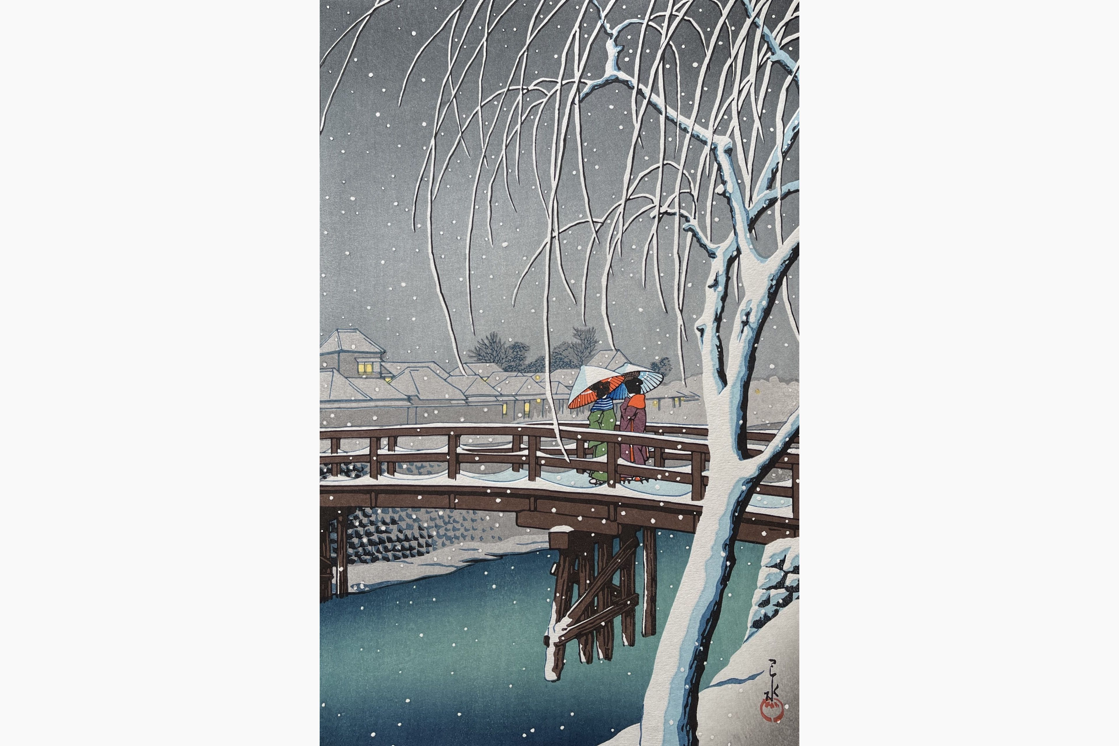 Original woodblock print - Kawase Hasui - Evening Snow at Edo River