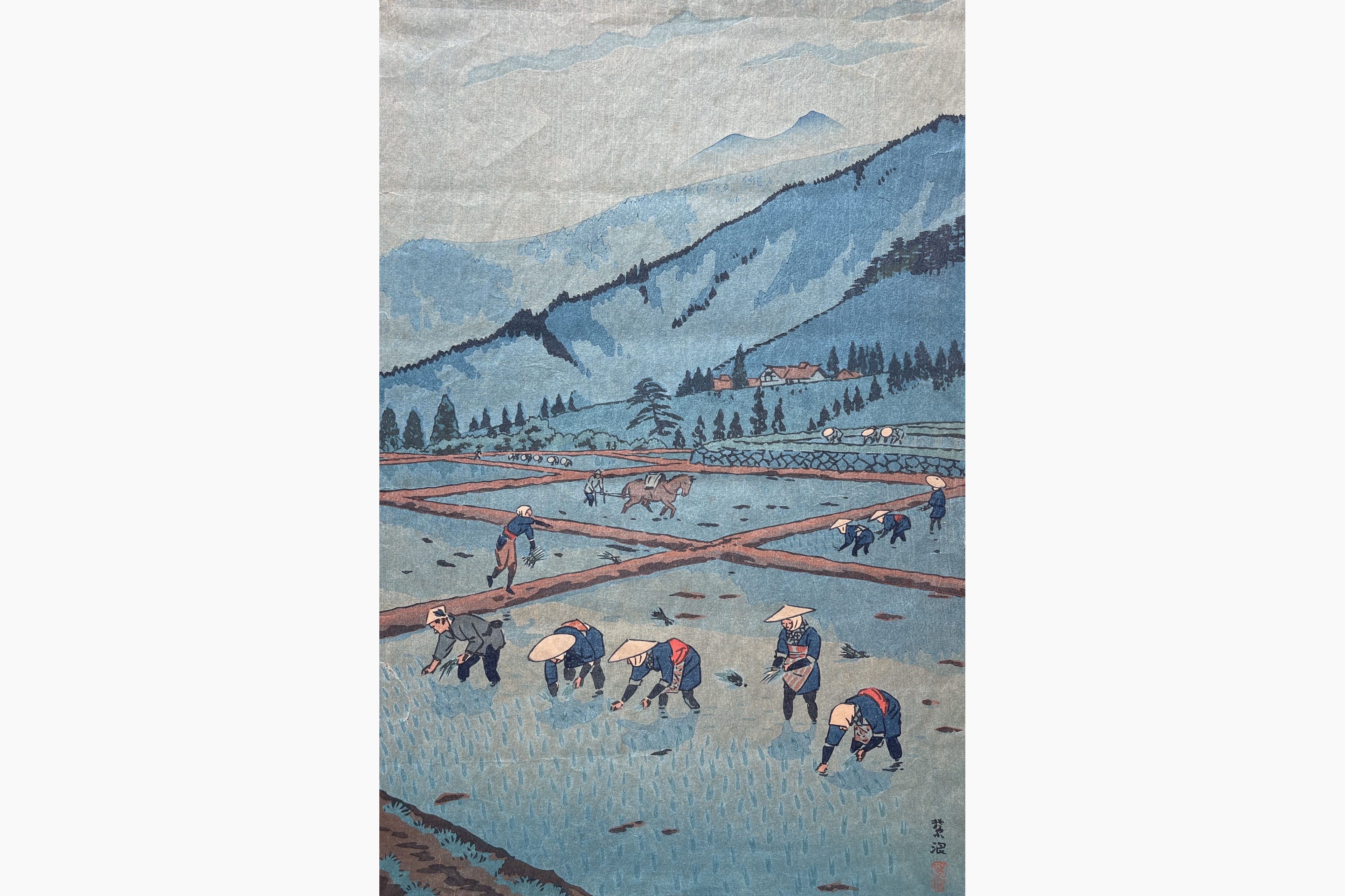 Original woodblock print - Kasamatsu Shiro - Rice planting
