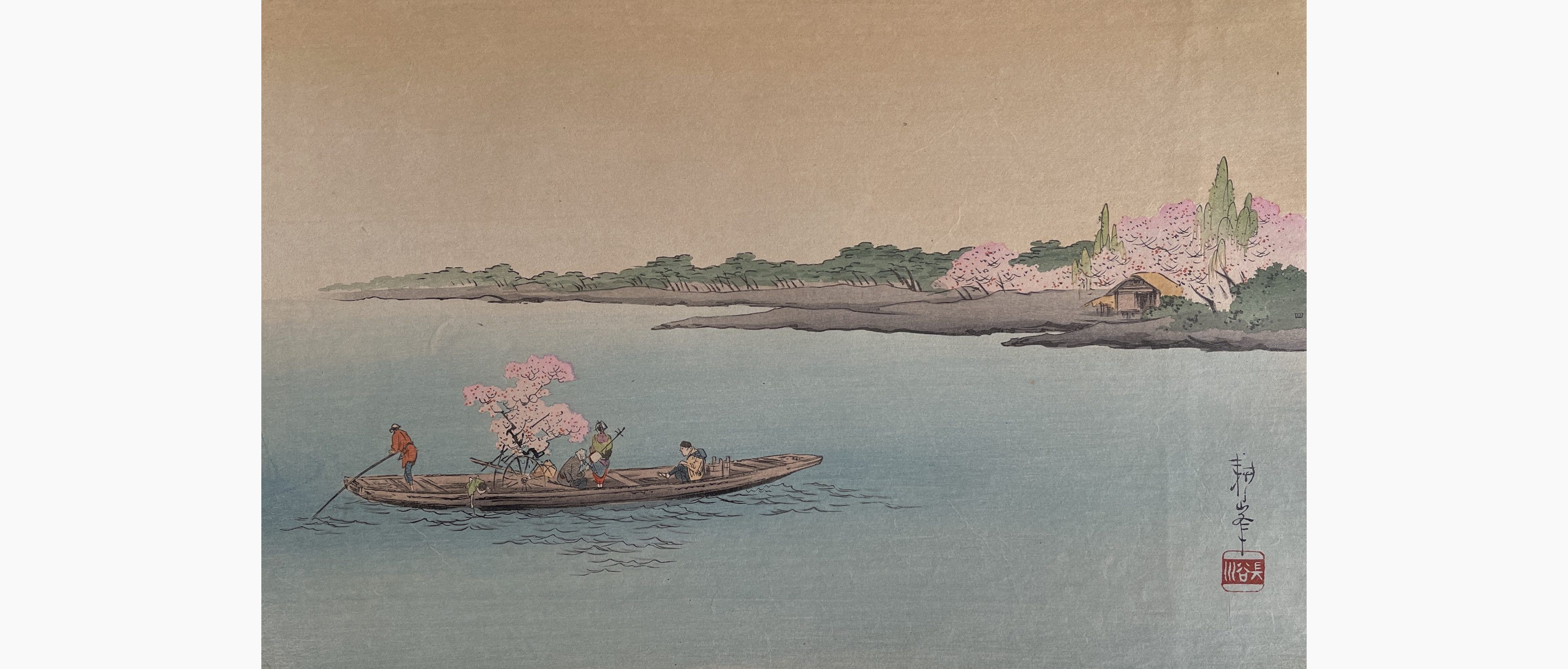 Original woodblock print - Koho Shoda - Ferry on Sumida River