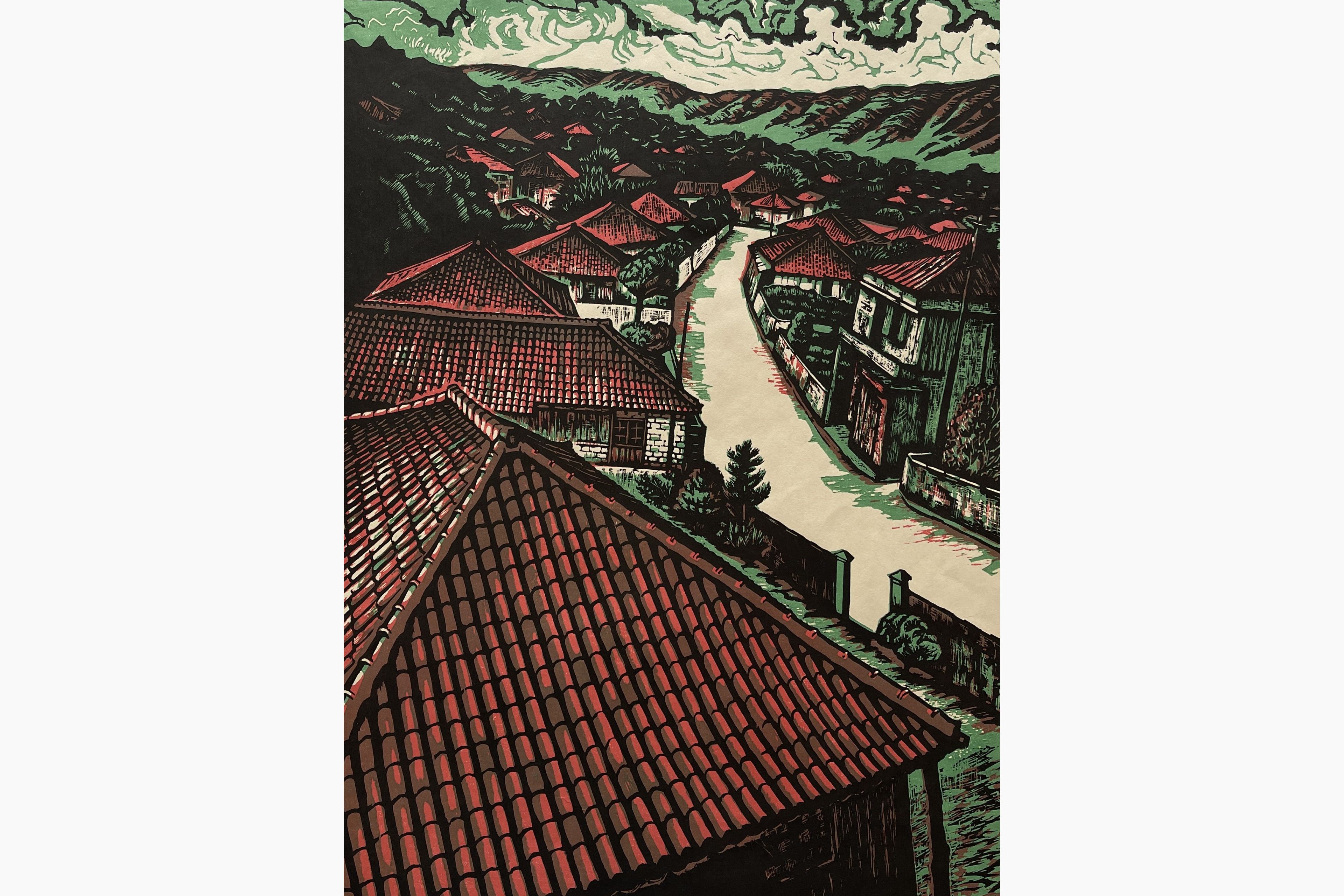 Original woodblock print - Koichi Maeda - Island with Red Roofs