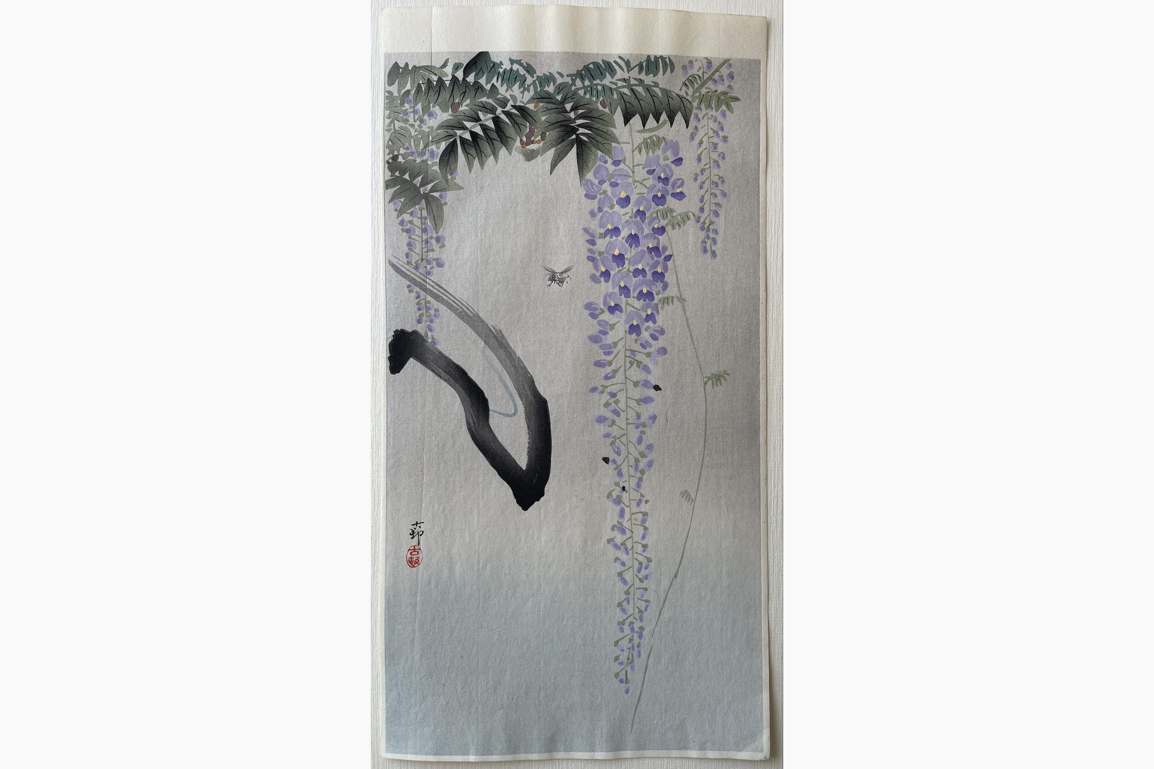 Japanese woodblock print - Ohara Koson - Insect next to Flowering Wisteria