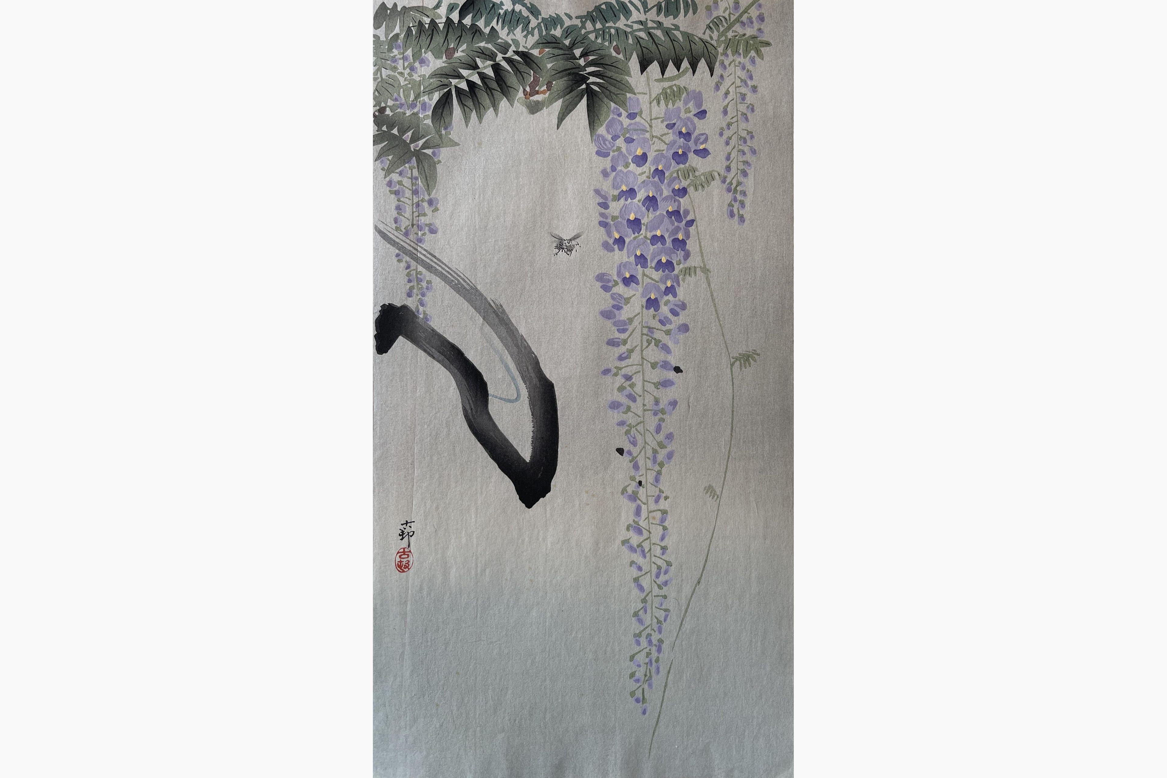 Original woodblock print - Ohara Koson - Insect next to Flowering Wisteria