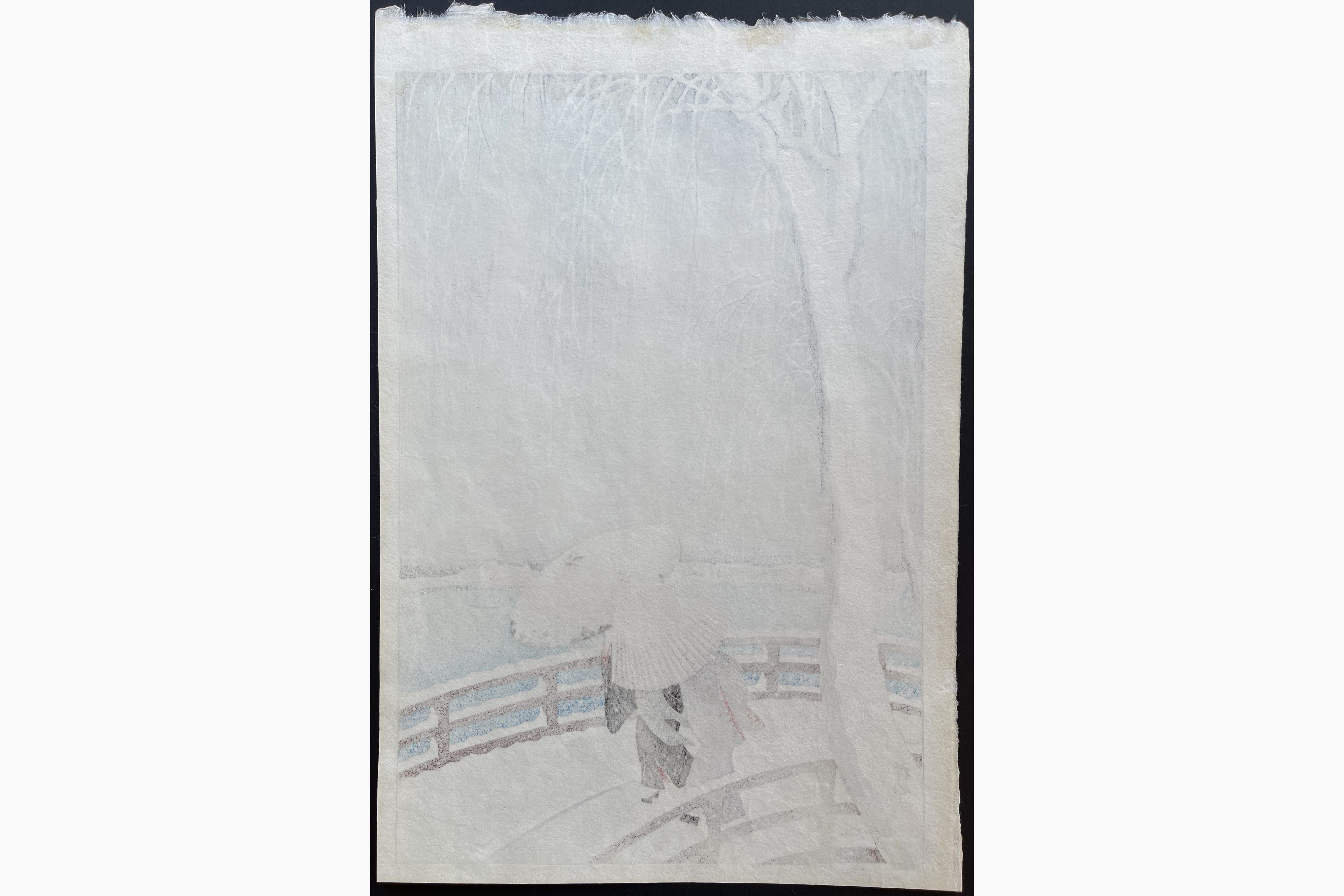 Japanese print - Ohara Koson - Snow on Willow Bridge