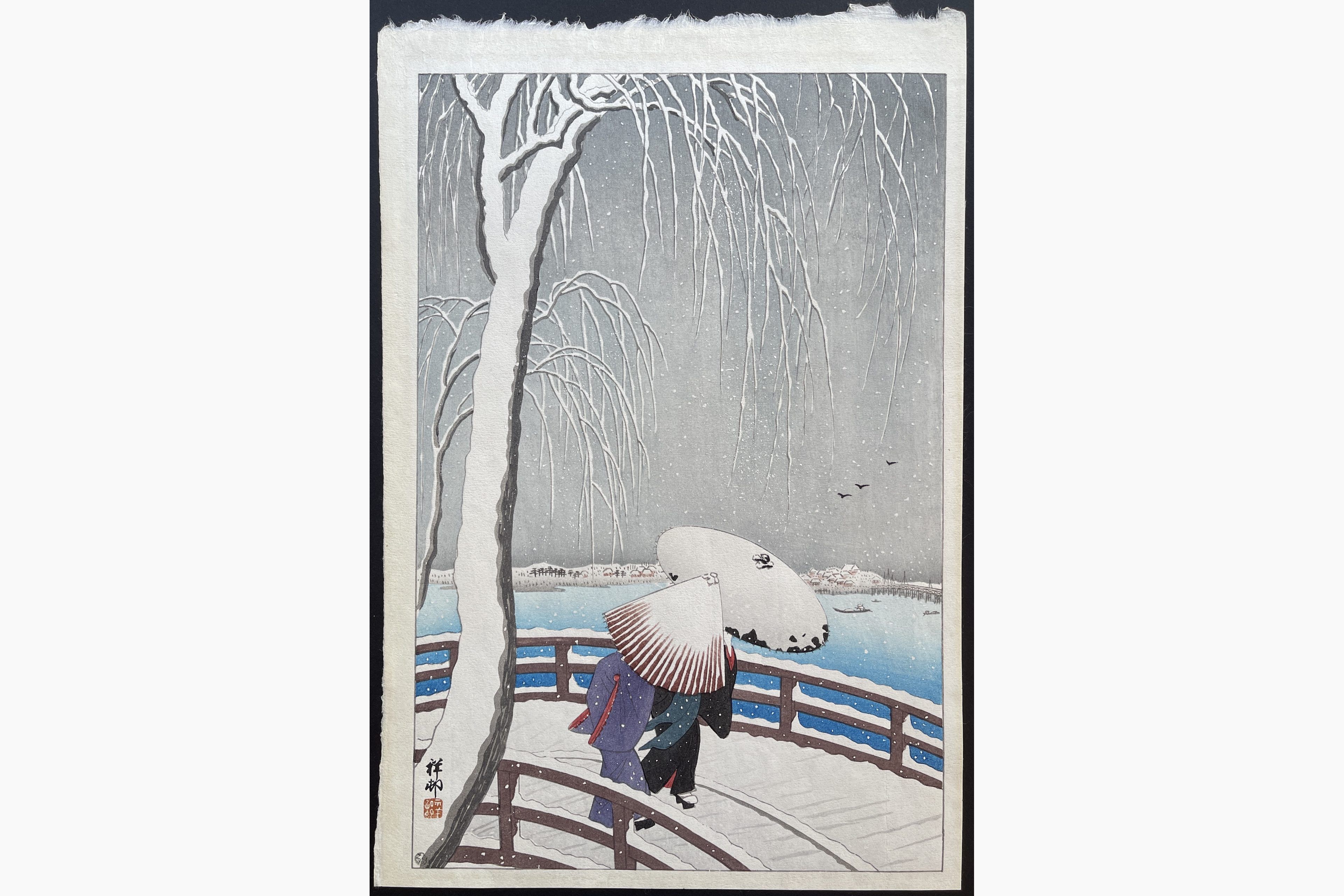 Japanese woodblock print - Ohara Koson - Snow on Willow Bridge