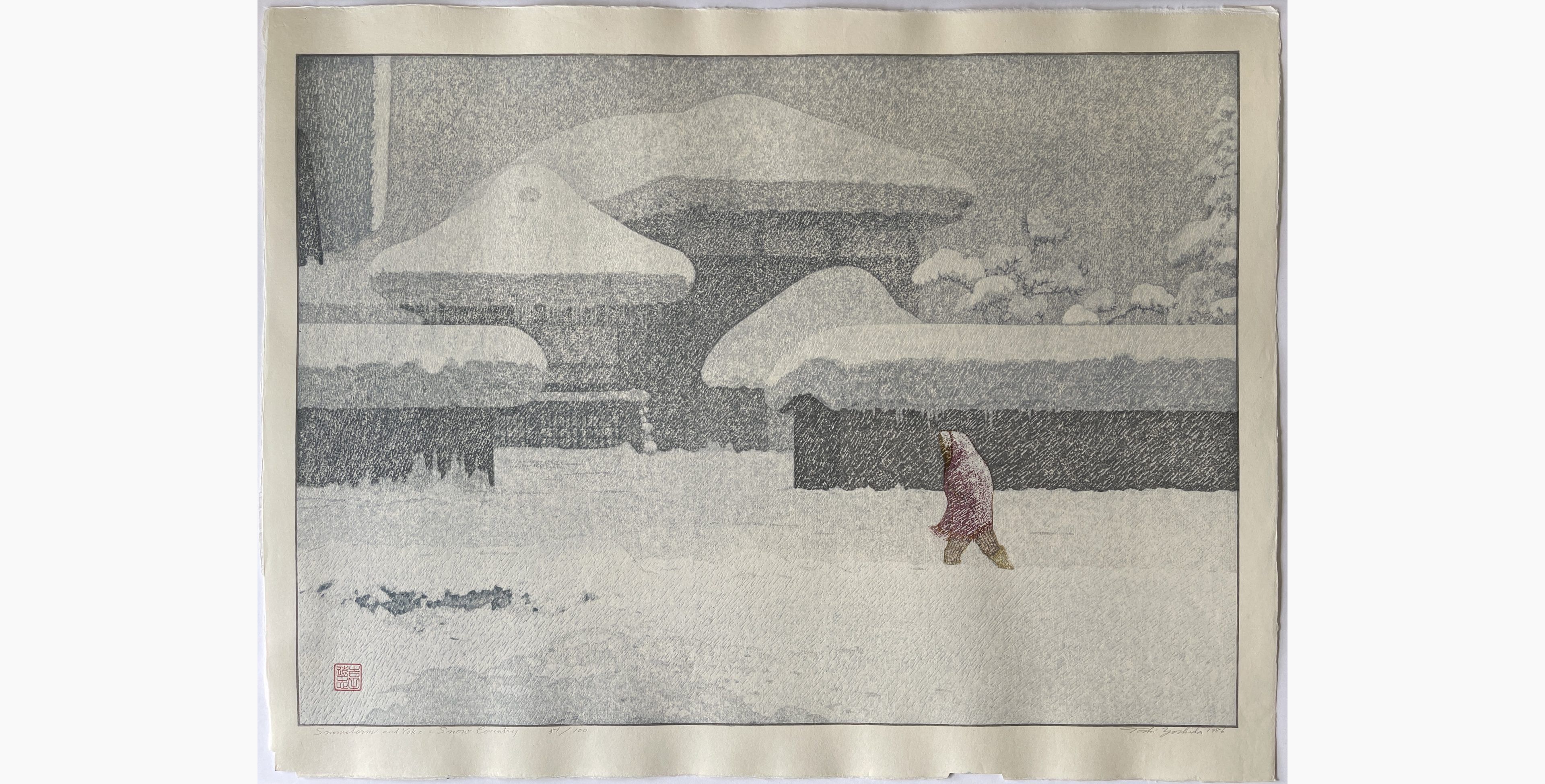Japanese woodblock print - Toshi Yoshida - Snowstorm and Yoko: Snow Country