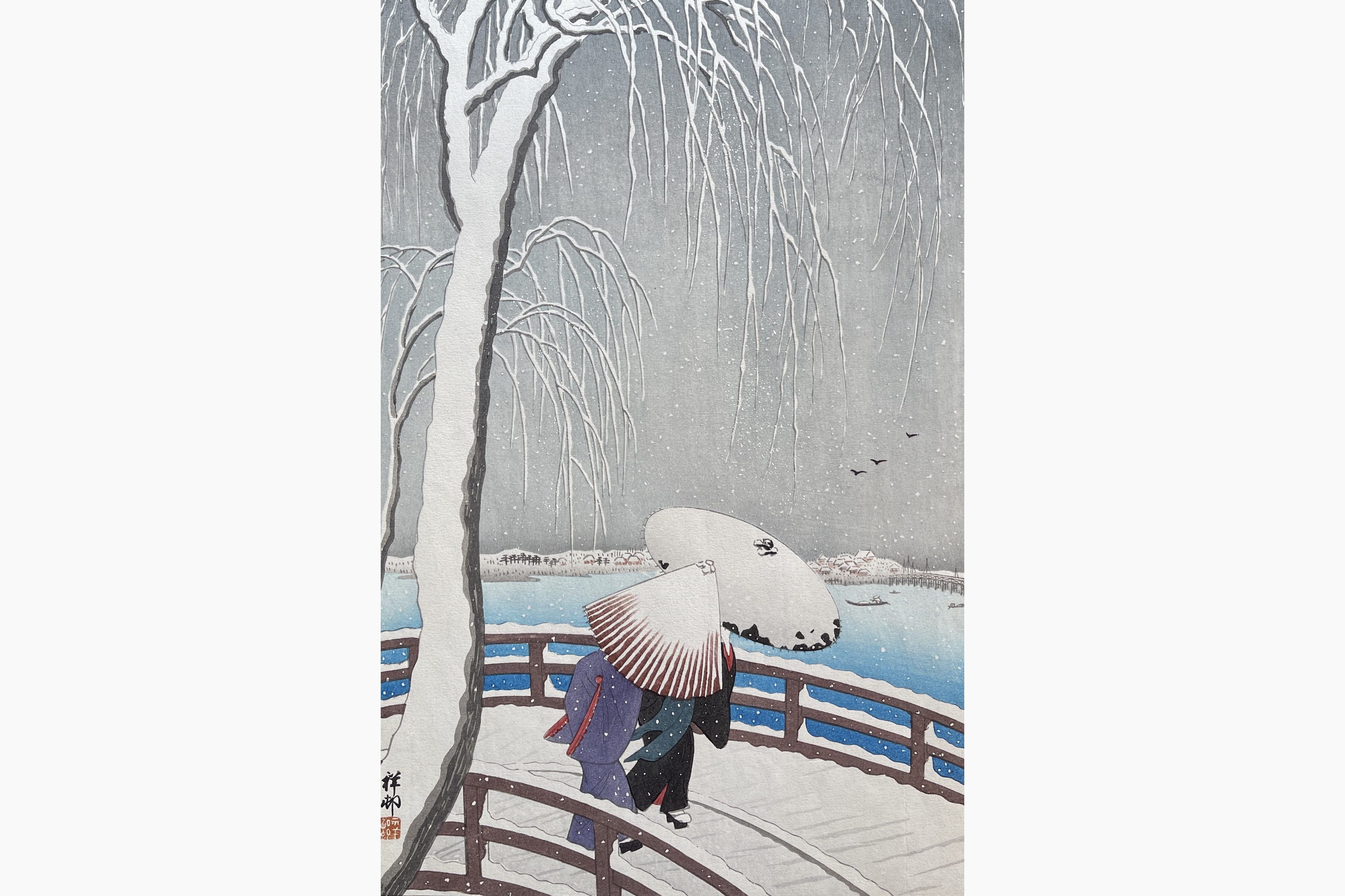 Original woodblock print - Ohara Koson - Snow on Willow Bridge