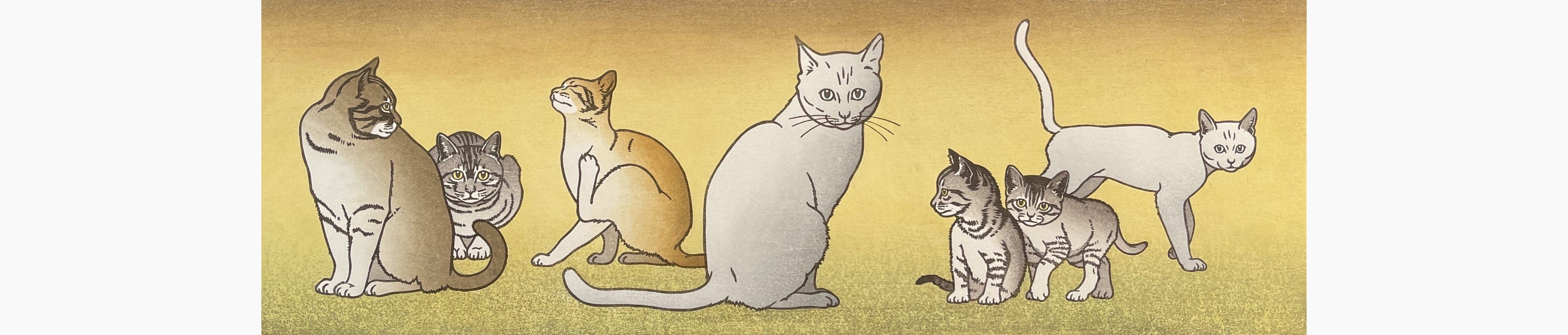 Original woodblock print - Tsukasa Yoshida - Seven Cats
