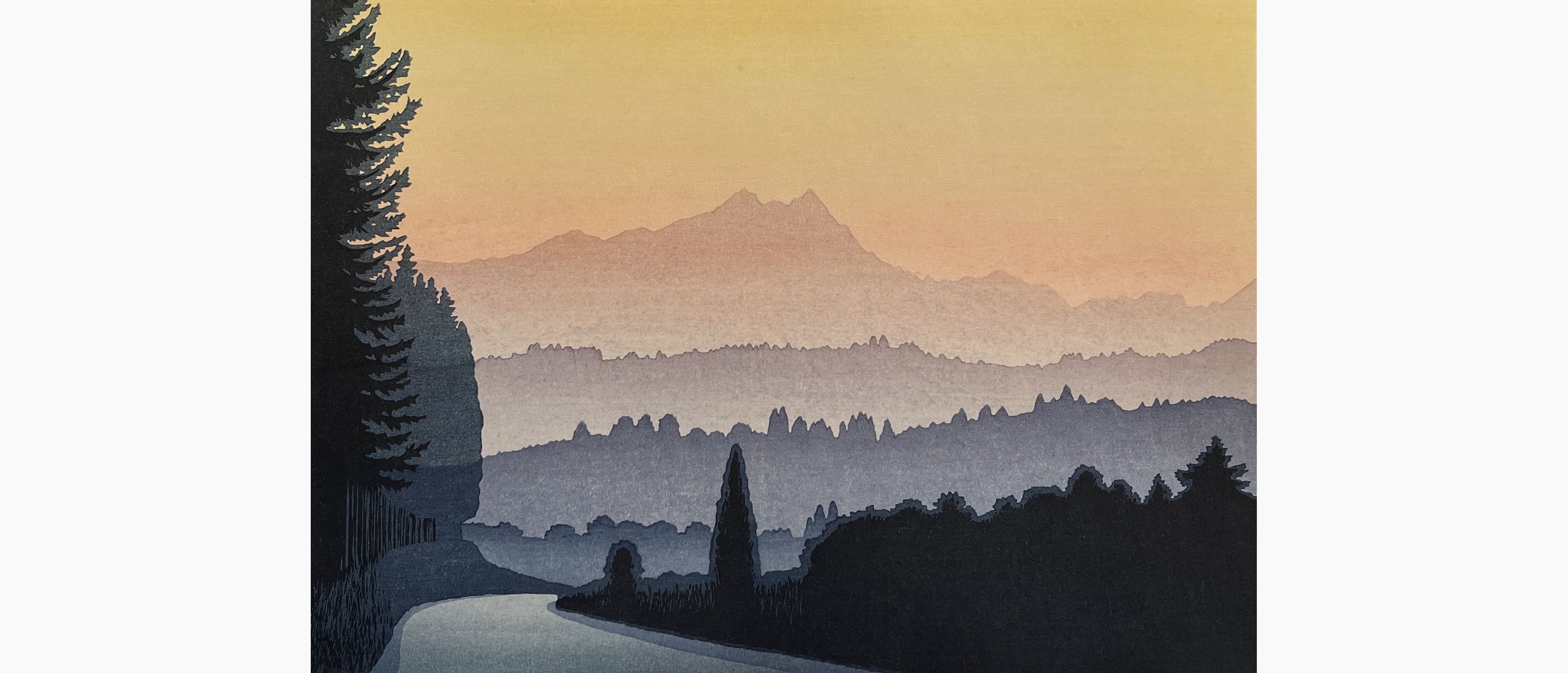 Original woodblock print - Tsukasa Yoshida - Sunset in Miasa