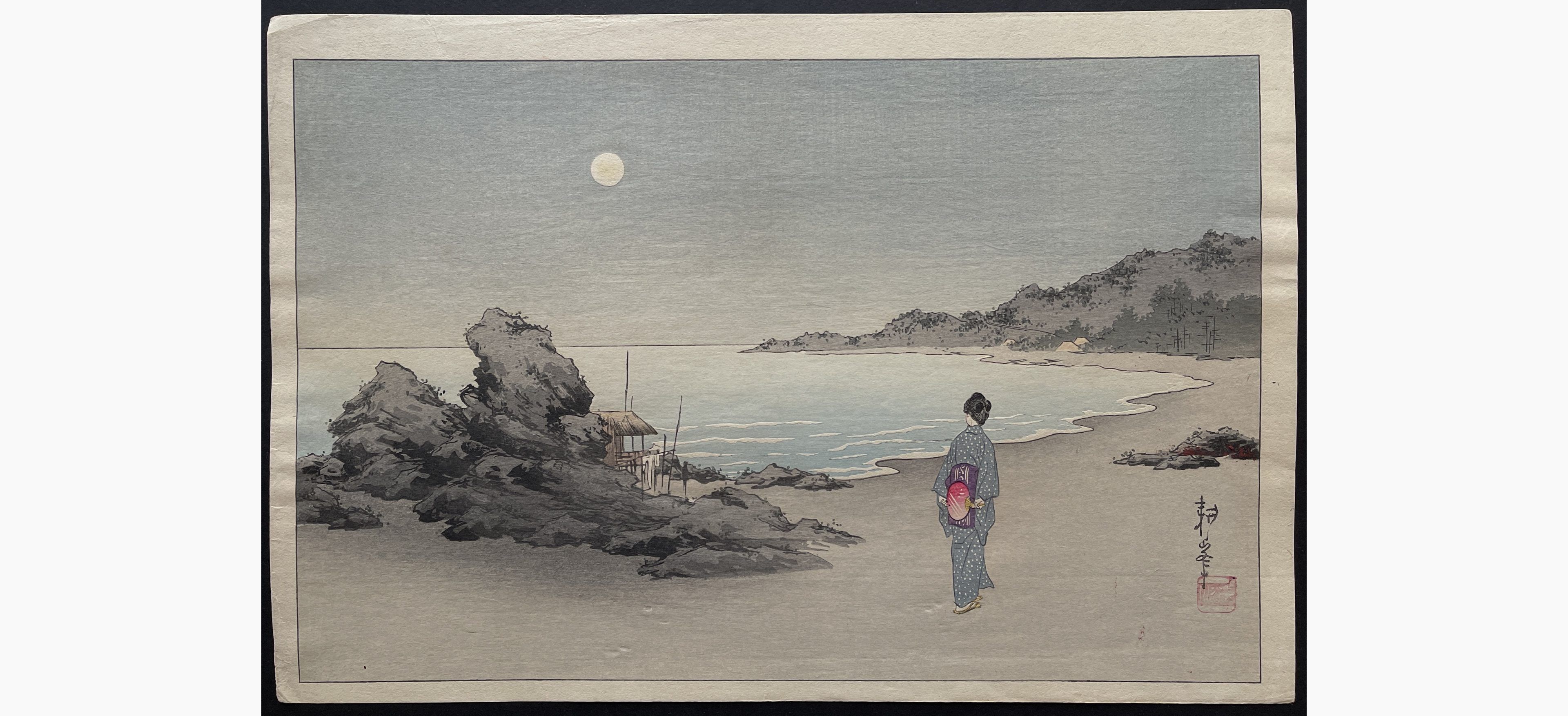 Japanese woodblock print - Koho Shoda - Woman on a Beach by Moonlight