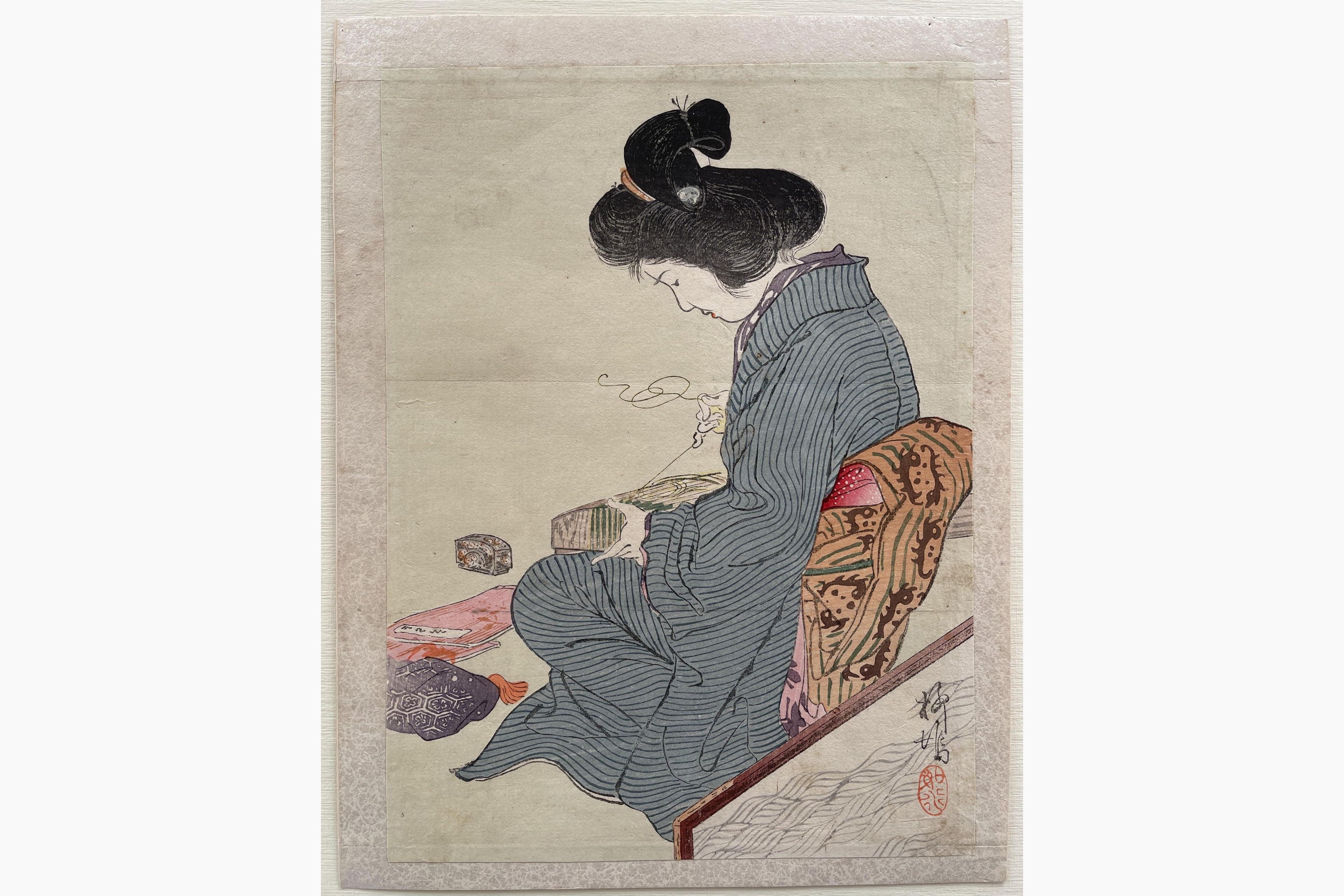 Japanese woodblock print - Shimazaki Ryuu - Mending Koto - Kuchi-e