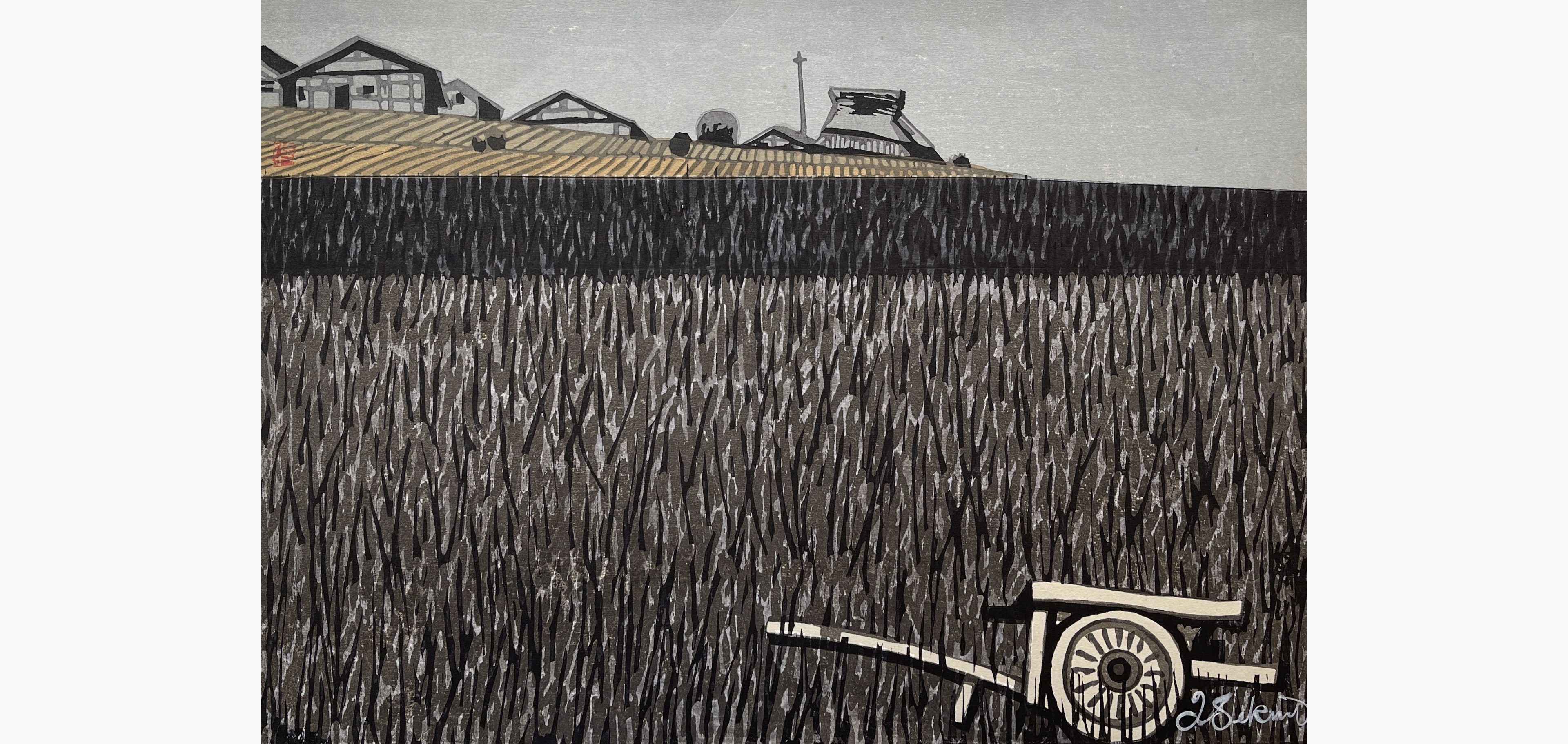 Original woodblock print - Junichiro Sekino - Fujikawa: Farmhouses