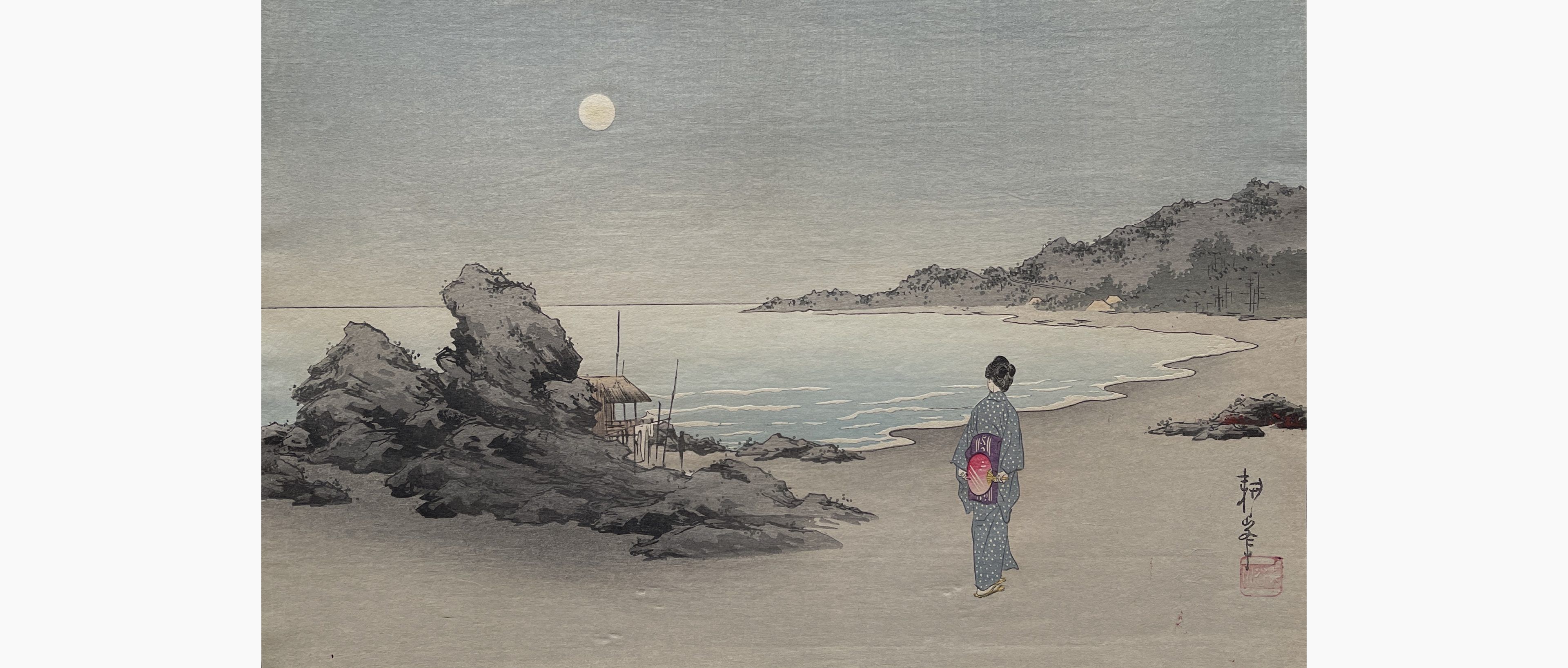 Original woodblock print - Koho Shoda - Woman on a Beach by Moonlight