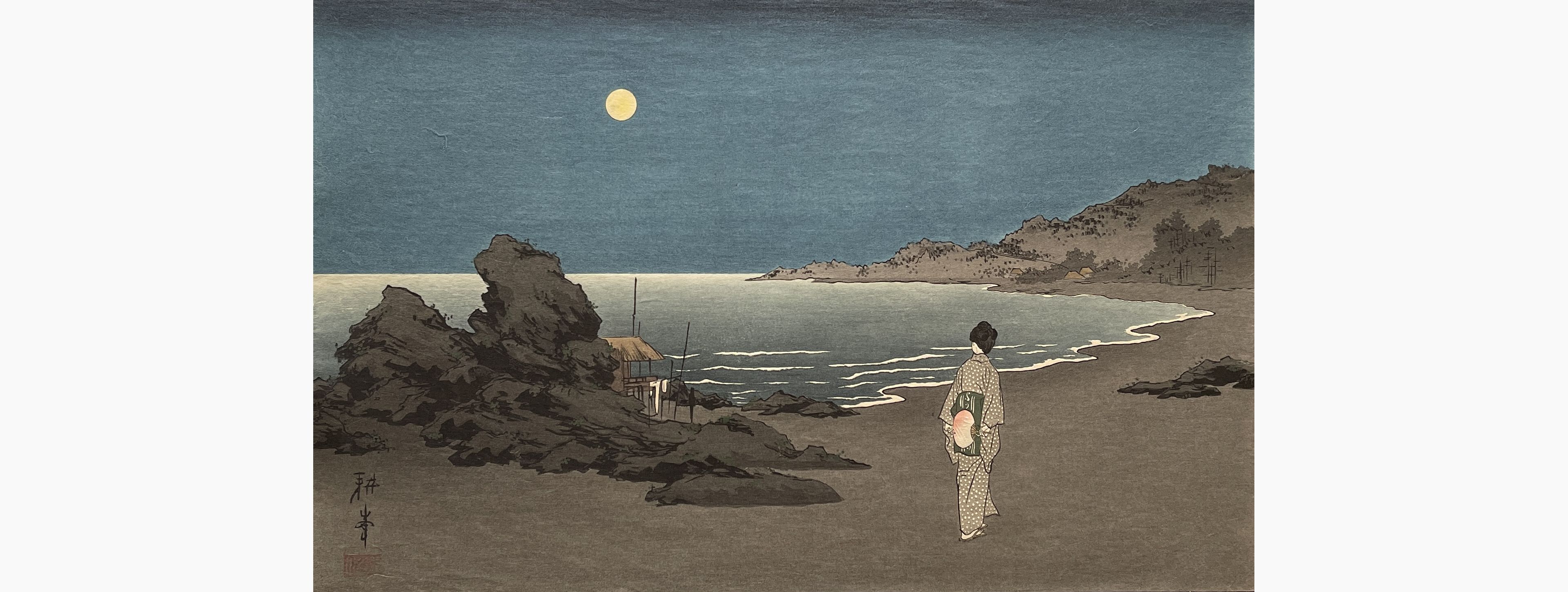 Original woodblock print - Koho Shoda - Woman on a Beach by Moonlight