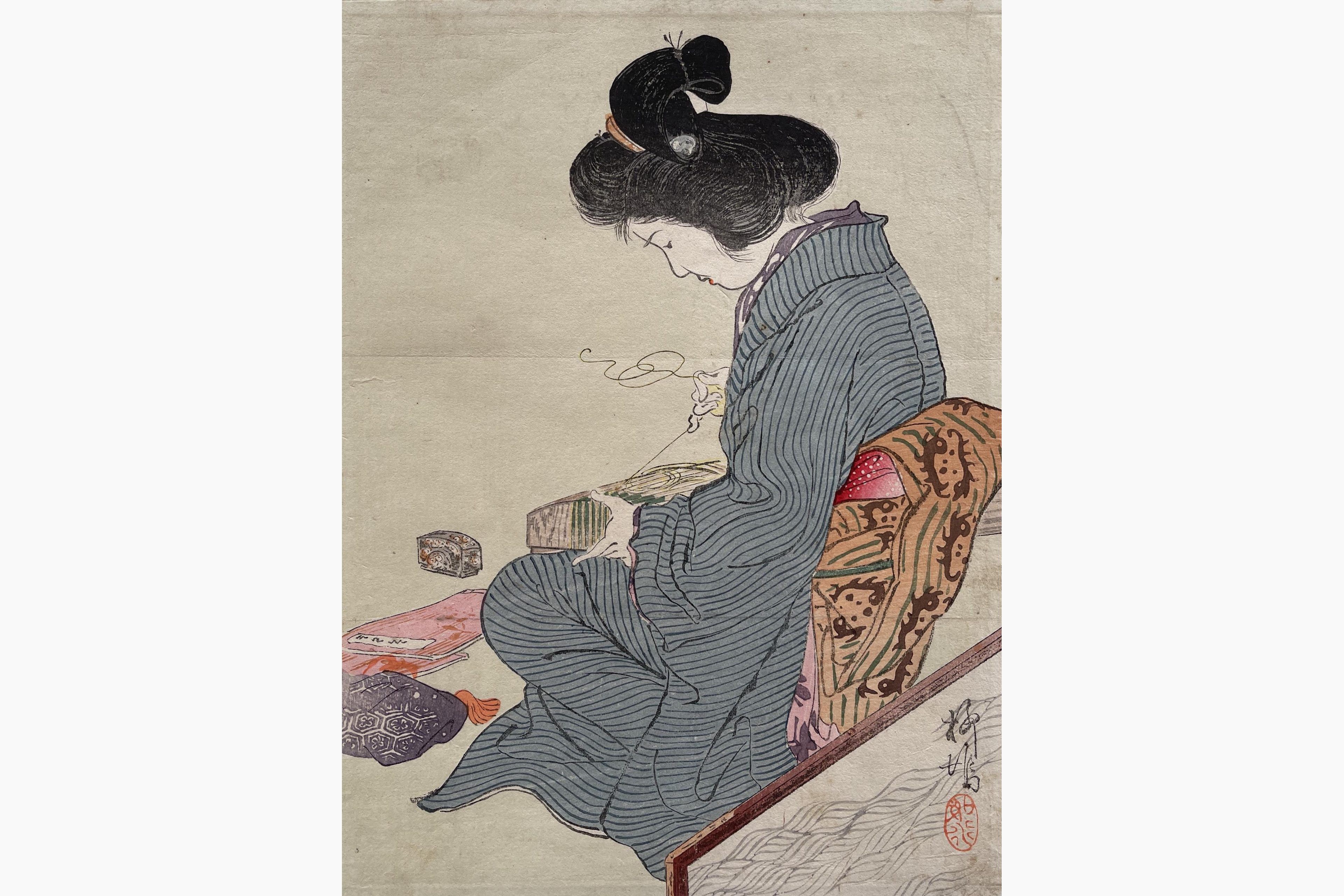 Original woodblock print - Shimazaki Ryuu - Mending Koto - Kuchi-e
