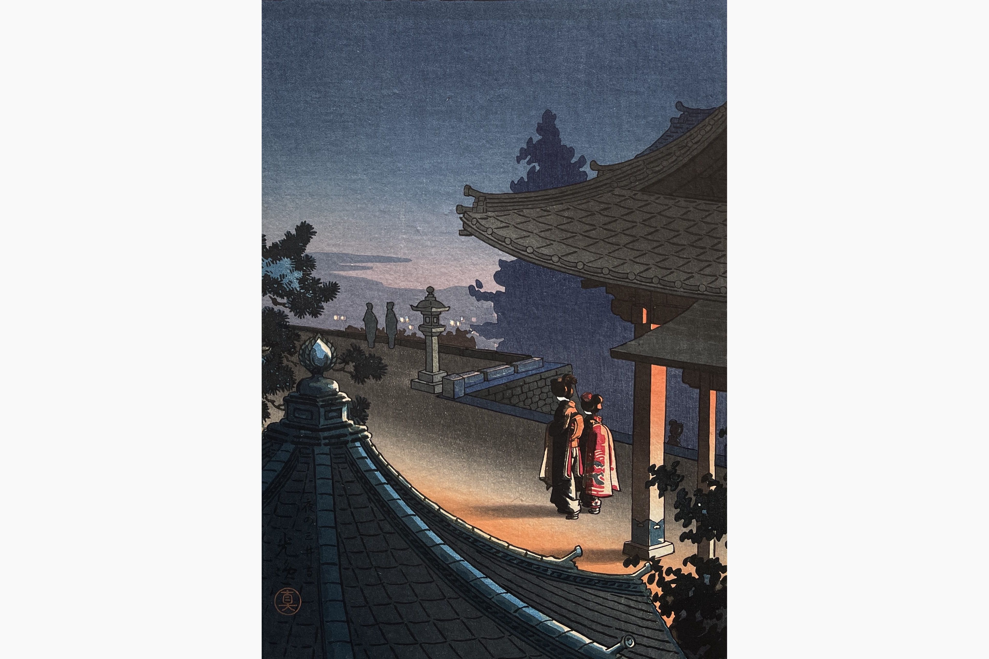 Original woodblock print - Tsuchiya Koitsu - Evening at Mii-Dera Temple