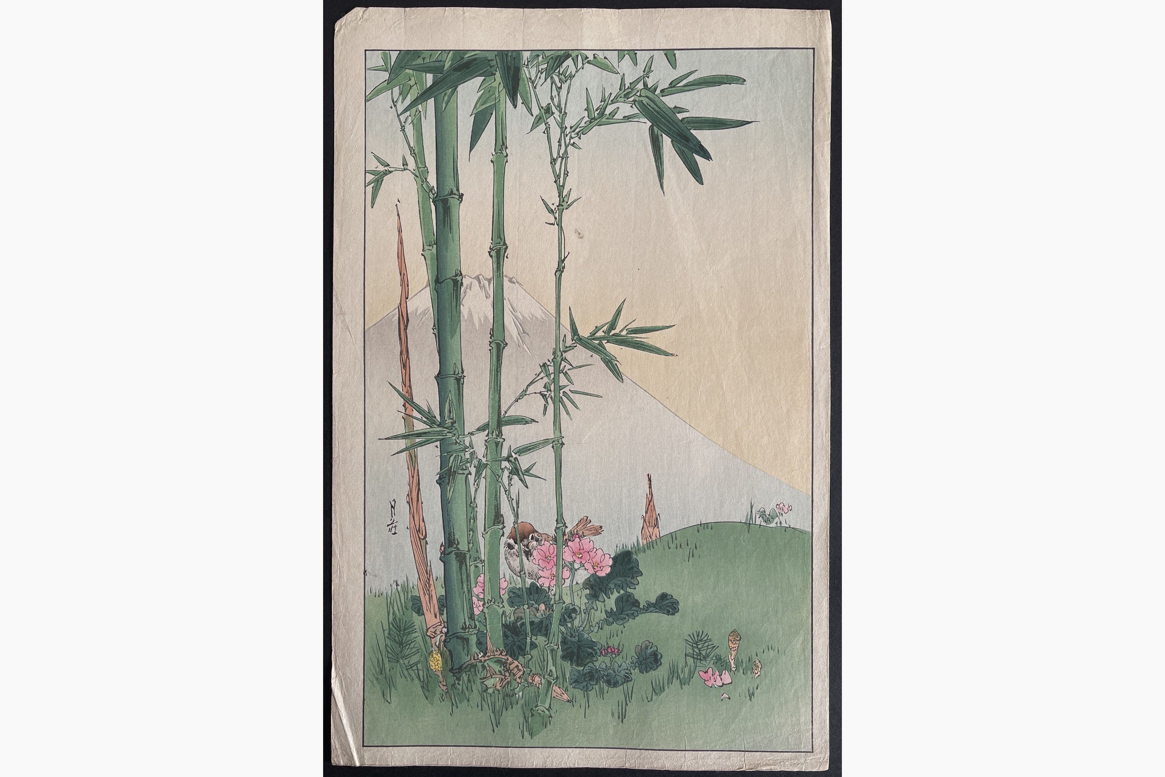 Japanese woodblock print - Gesso Yoshimoto - Sparrow and Bamboo