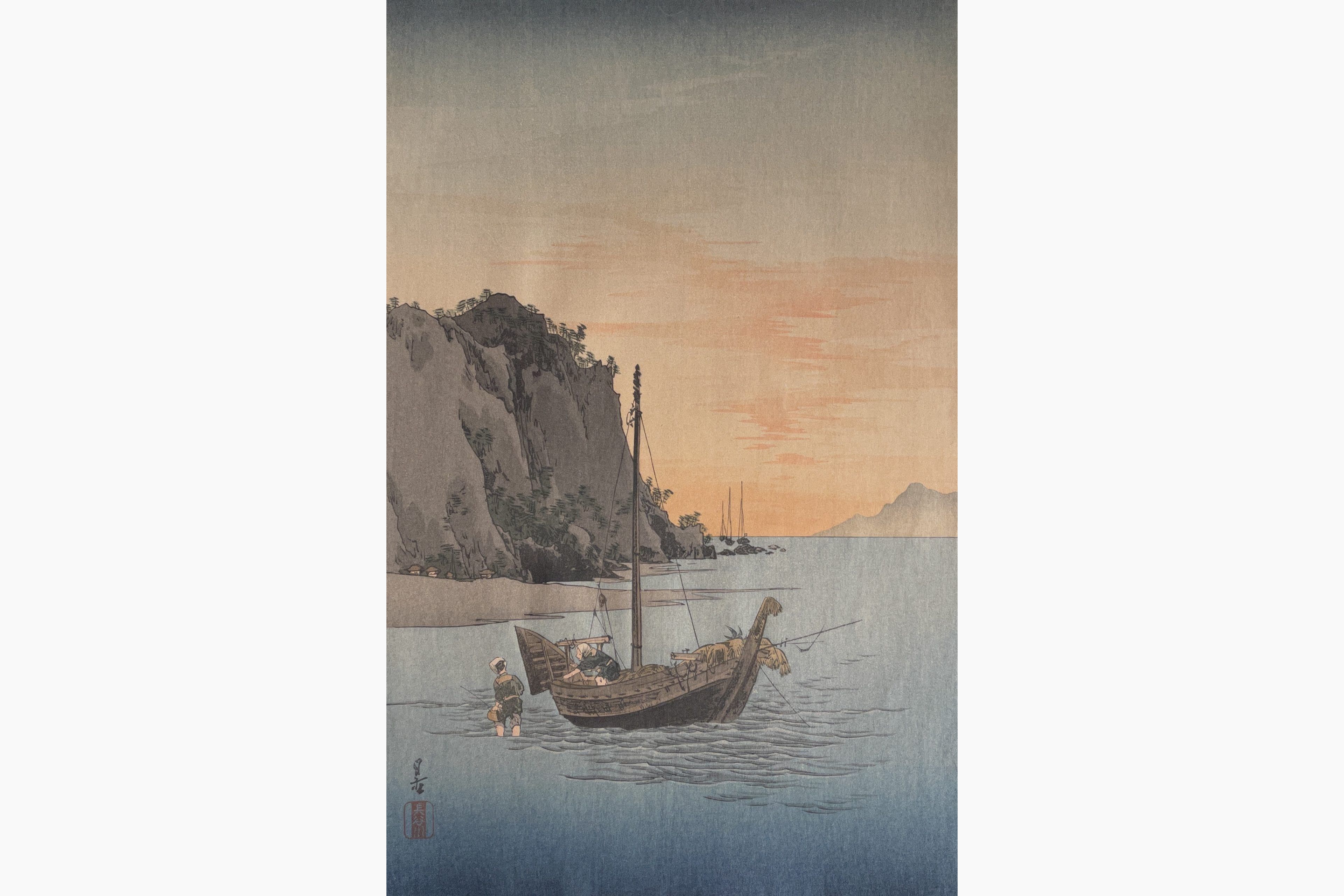 Original woodblock print - Gesso Yoshimoto - Fisherman Returning