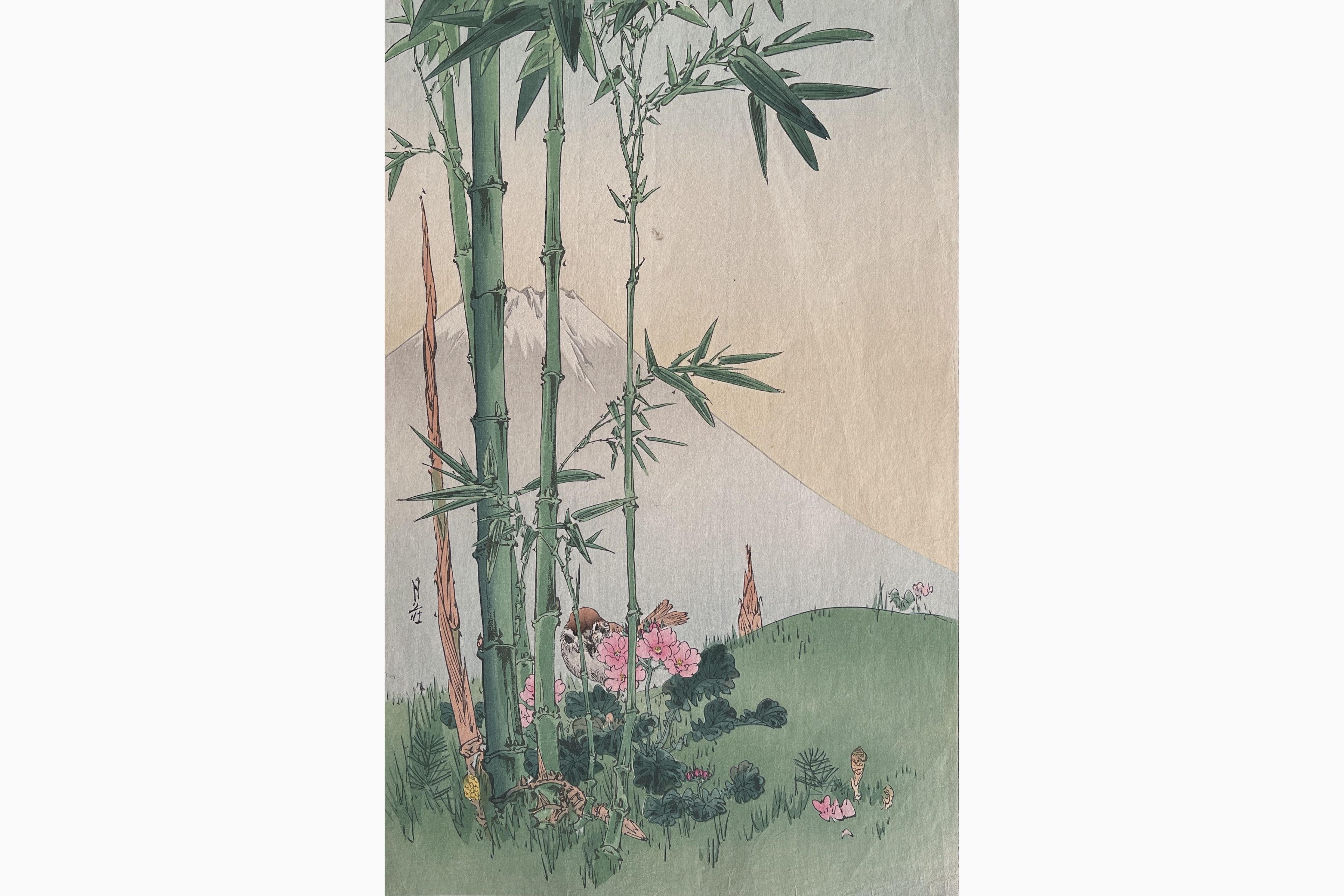 Original woodblock print - Gesso Yoshimoto - Sparrow and Bamboo