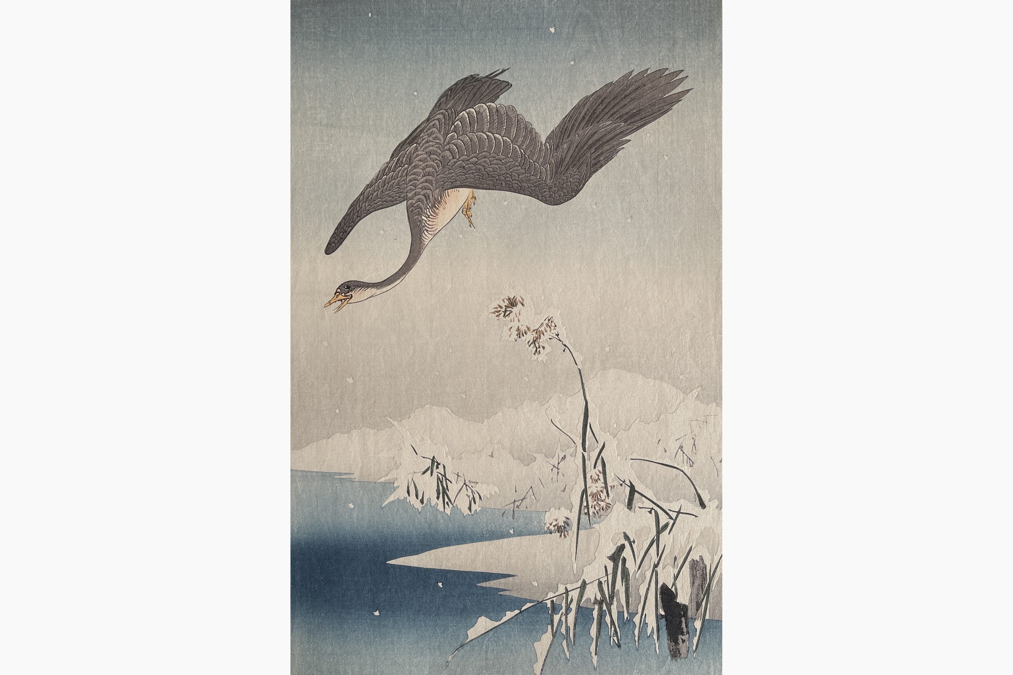 Original woodblock print - Gesso Yoshimoto - Wild Goose over a Snowy Pond